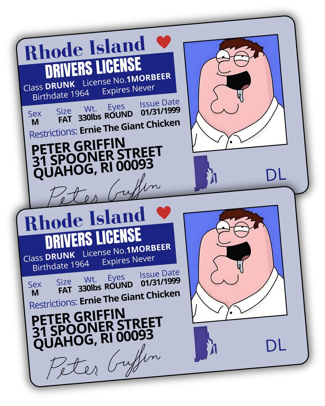 Pack of 2 Peter Griffin Driver License ID/Funny Plastic License/Family Guy Fans Complement for Costumes/Double Sided | Collectible Trading Card Driver’s License | Novelty Gift for Holidays