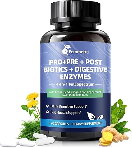 Enzimas digestivas postbióticos prebióticos probióticos para mujeres y hombres, 200 mil millones de UFC, 36 cepas probióticas + cáscara de psyllium