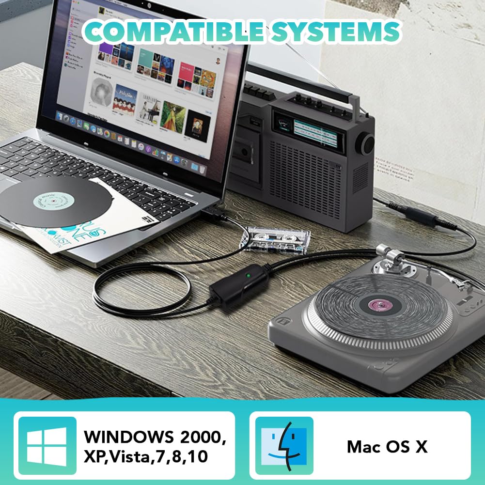 Carte de Capture Audio USB 2.0 pour Cassettes Vers Convertisseur MP3, Interface Stéréo 3.5mm, R/L Compatible avec Windows XP/7/8/10 et Mac OS 10.14