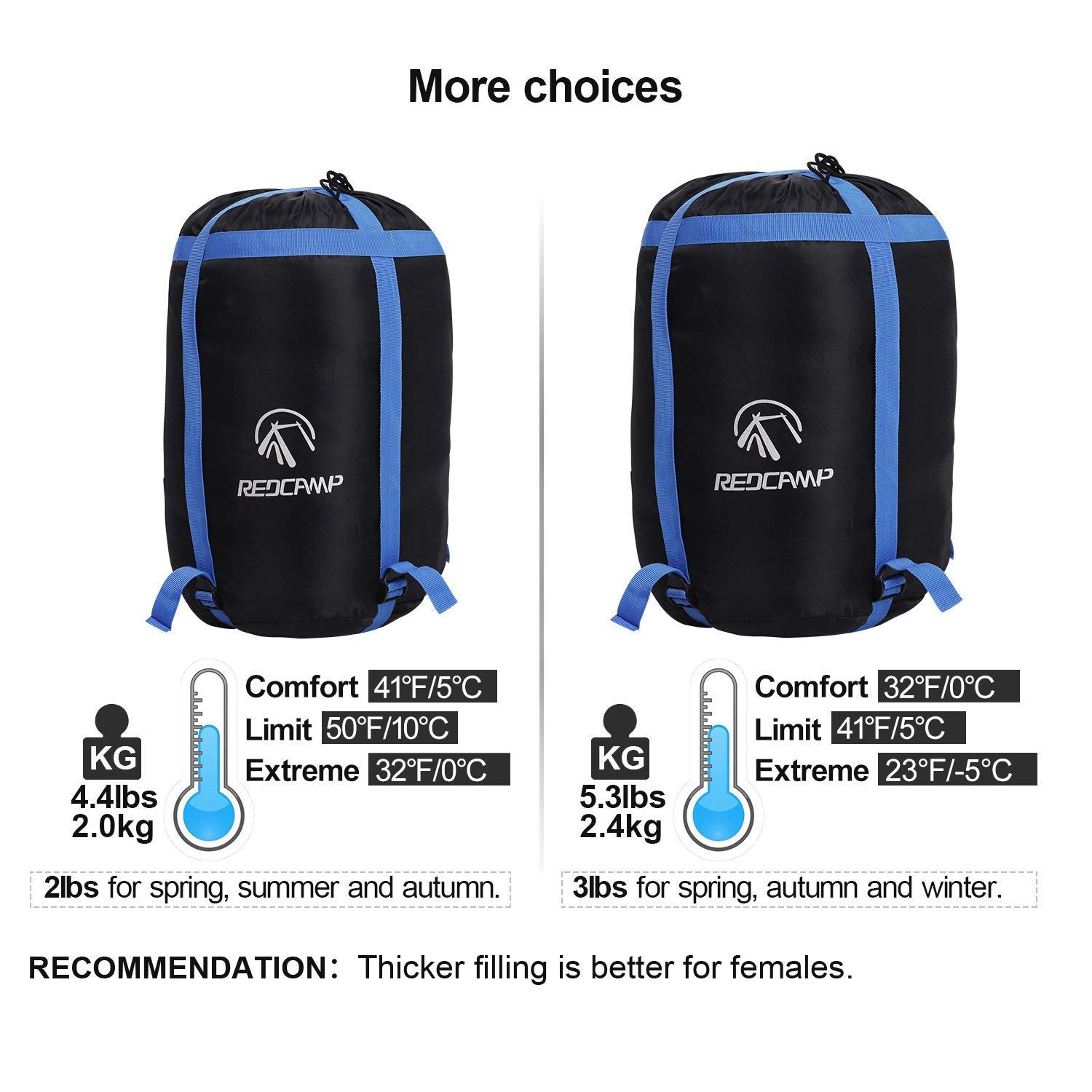 REDCAMP Grand sac de couchage pour adulte, sac de couchage en coton avec capuche pour 3-4 saisons d'hiver froid camping pêche