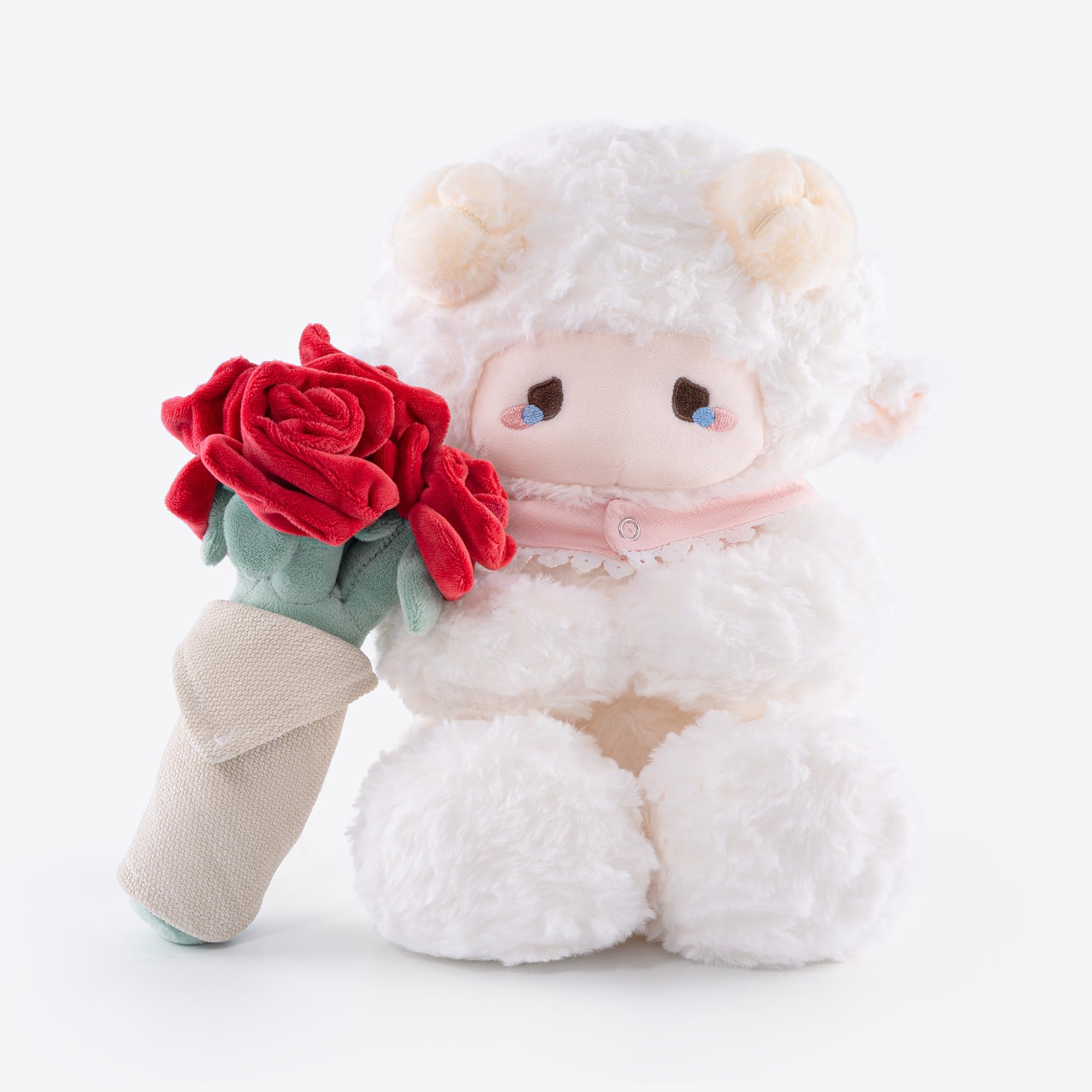 ZEIO 11.4"/29CM White Lamb Plush Sheep Teddy with Removable Bouquet of Pink Roses - Ultra Soft & Interactive Cuddly Toy Gift, A Surprise That Never Fades - Image 2