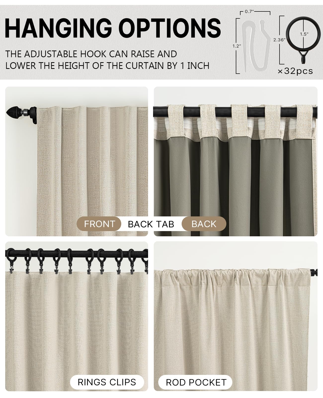Rideaux Occultants Thermiques Mélange Lin Crème 2 Panneaux, 100% Anti-UV et Isolant Anti Froid et Chaleur pour Chambre Salon, 127L X 245H cm
