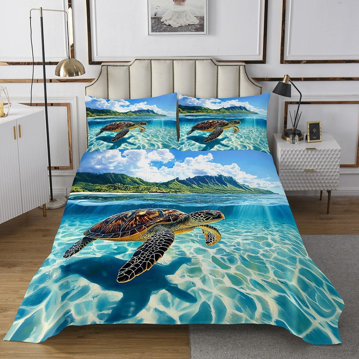 jejeloiu Sea Turtle Coverlet Set Twin Size Ocean Bedspread for Kids Boys Girls Coastal Beach Quilted Coverlet Breathable Soft Lightweight Microfiber Reptile Tortoise Nautical Beach Bedroom Decor