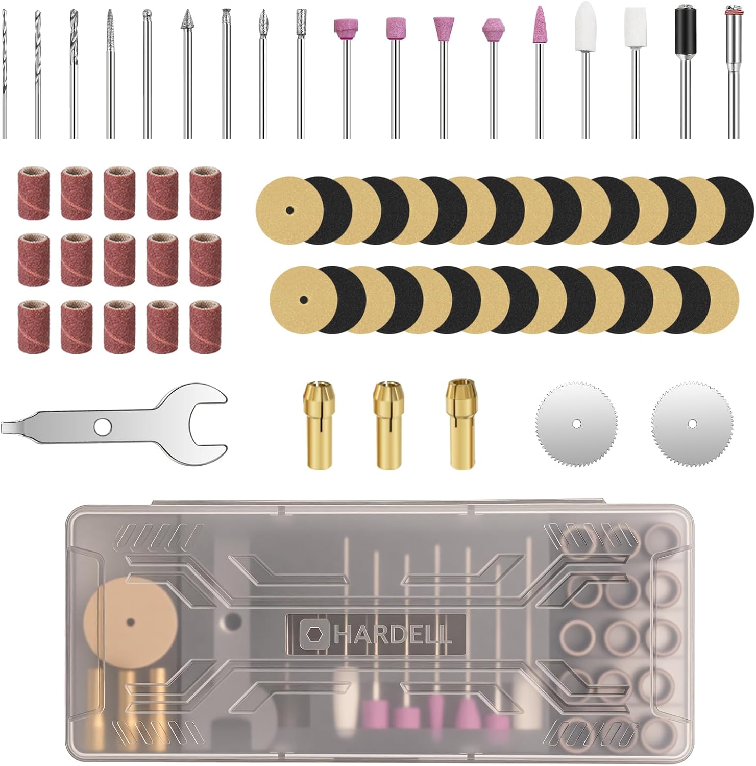 HARDELL 69 Pcs Rotary Tool Accessories Kit with 1.0/1.6/2.3mm Chucks for Small DIY Projects, Resin Cutting, Sanding, Grinding, Engraving, Polishing, Drilling