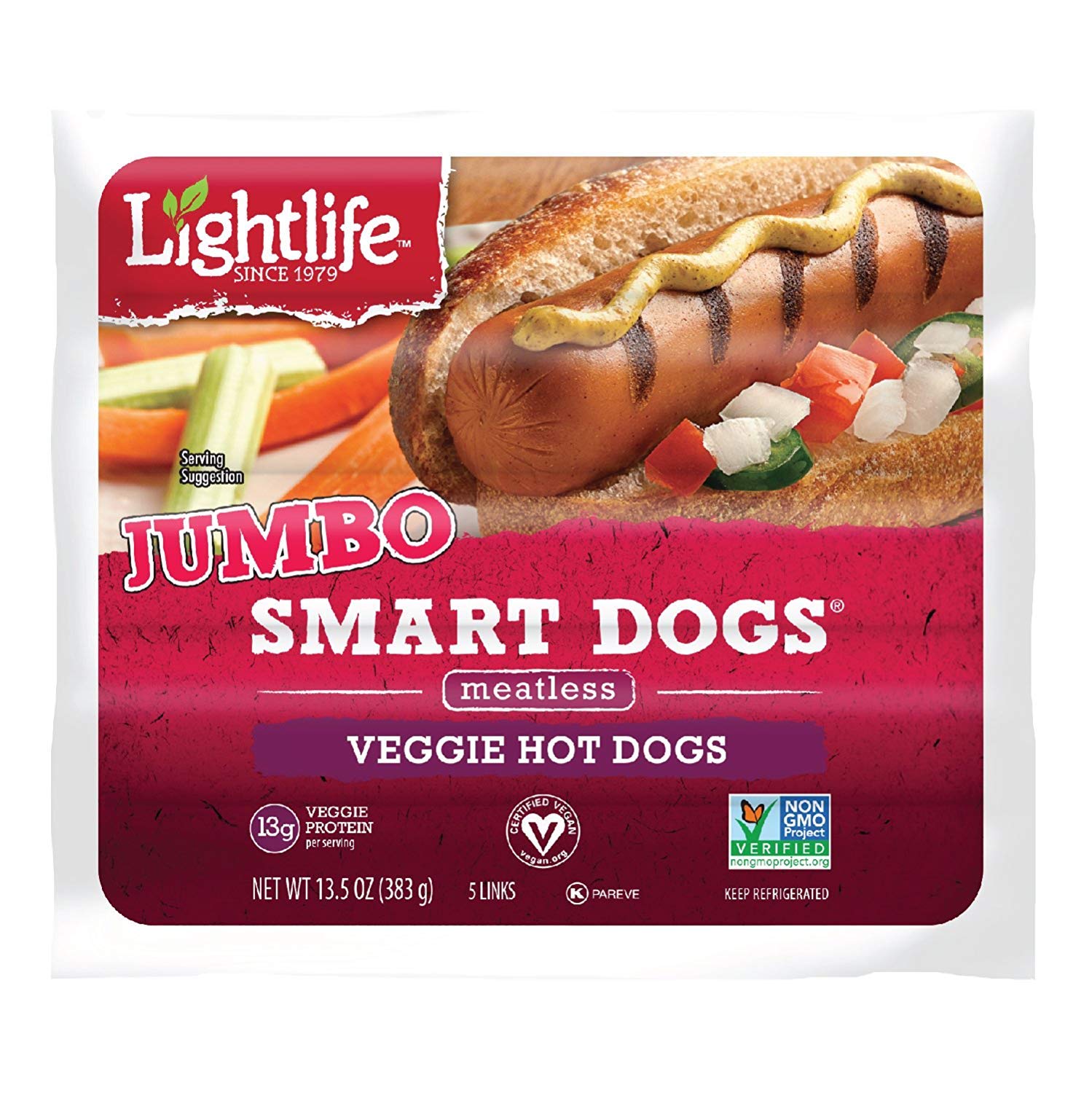 Lightlife Jumbo Smart Dogs Meatless Veggie Hot Dogs, 13.5 oz (2 Pack, 10 Hot dogs Total)