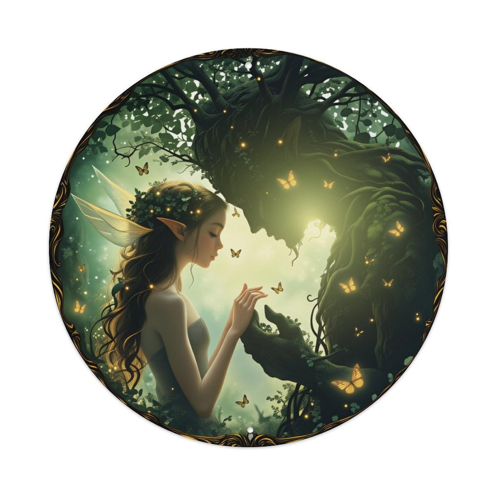 Fairy Forest Glow Butterflies Tree Light Magic Nature Elf Wings Round Vintage Tin Sign,Retro Wall Art,Metal Poster for Home, Bar, Garage, Cafe, Rustic Indoor & Outdoor Decor, 8x8 Inches