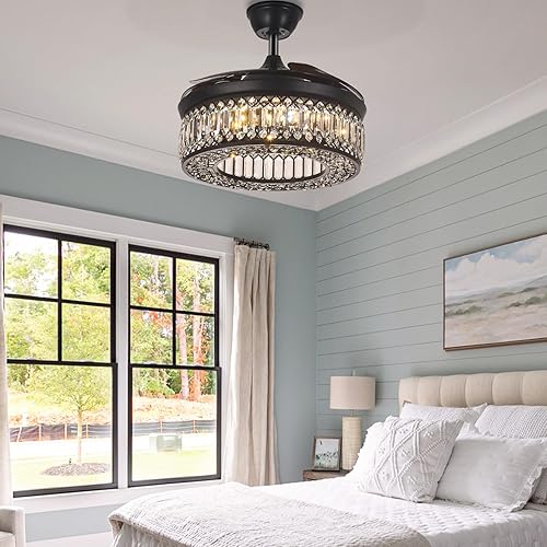 Miniatura 7 de MORE CHANGE Ventilador de techo retráctil de 42 pulgadas con luz y control remoto, ventilador de techo negro de cristal con aspas reversibles, 3