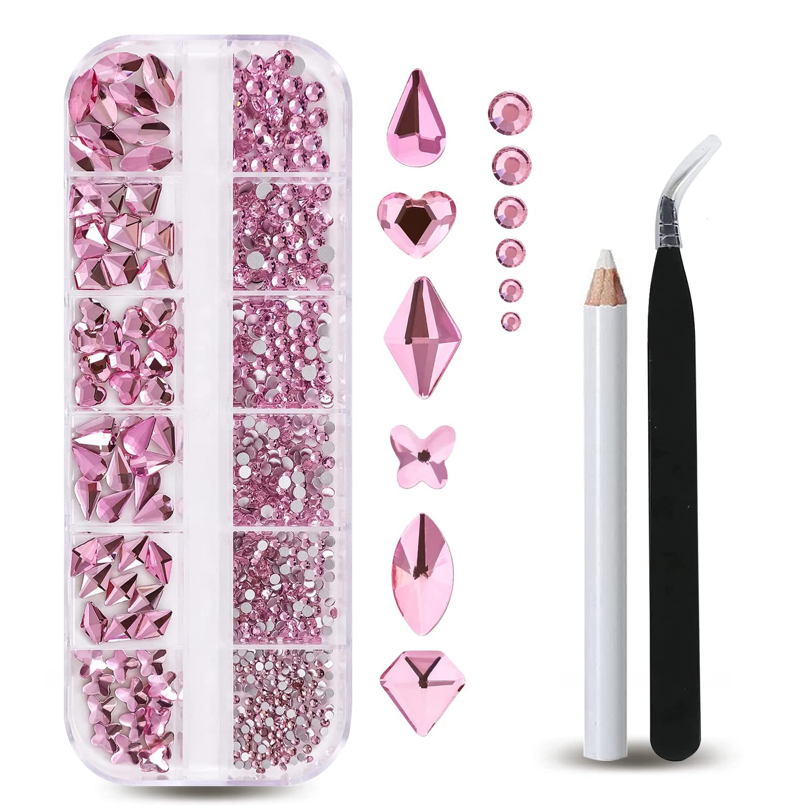 Nail Art Rhinestones Nail Gemstones, 810Pcs Mix Shaped Flatback Crystals Diamonds,with Tweezers andpieces 1 piece of rhinestone pen,for DIY Craft Makeup Dressup Manicure Face Clothes Shoes(Pink)