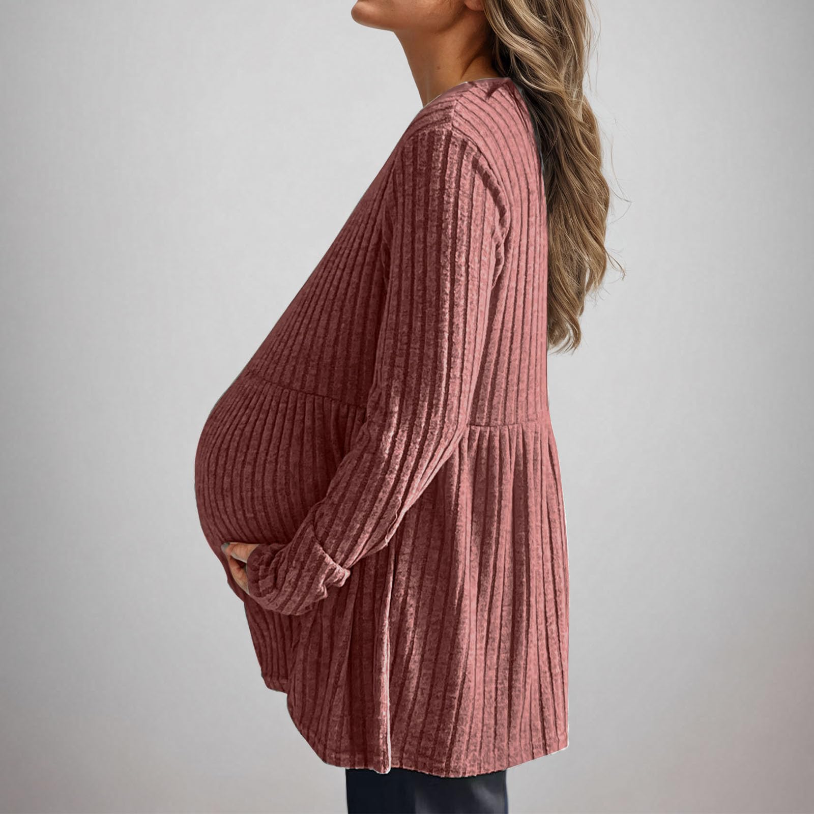 Keepink Haut de maternité uni extensible en tricot côtelé à manches longues pour femme - Pull ample - Tunique ample - Pull d'allaitement confortable pour la grossesse et le repos prénatal