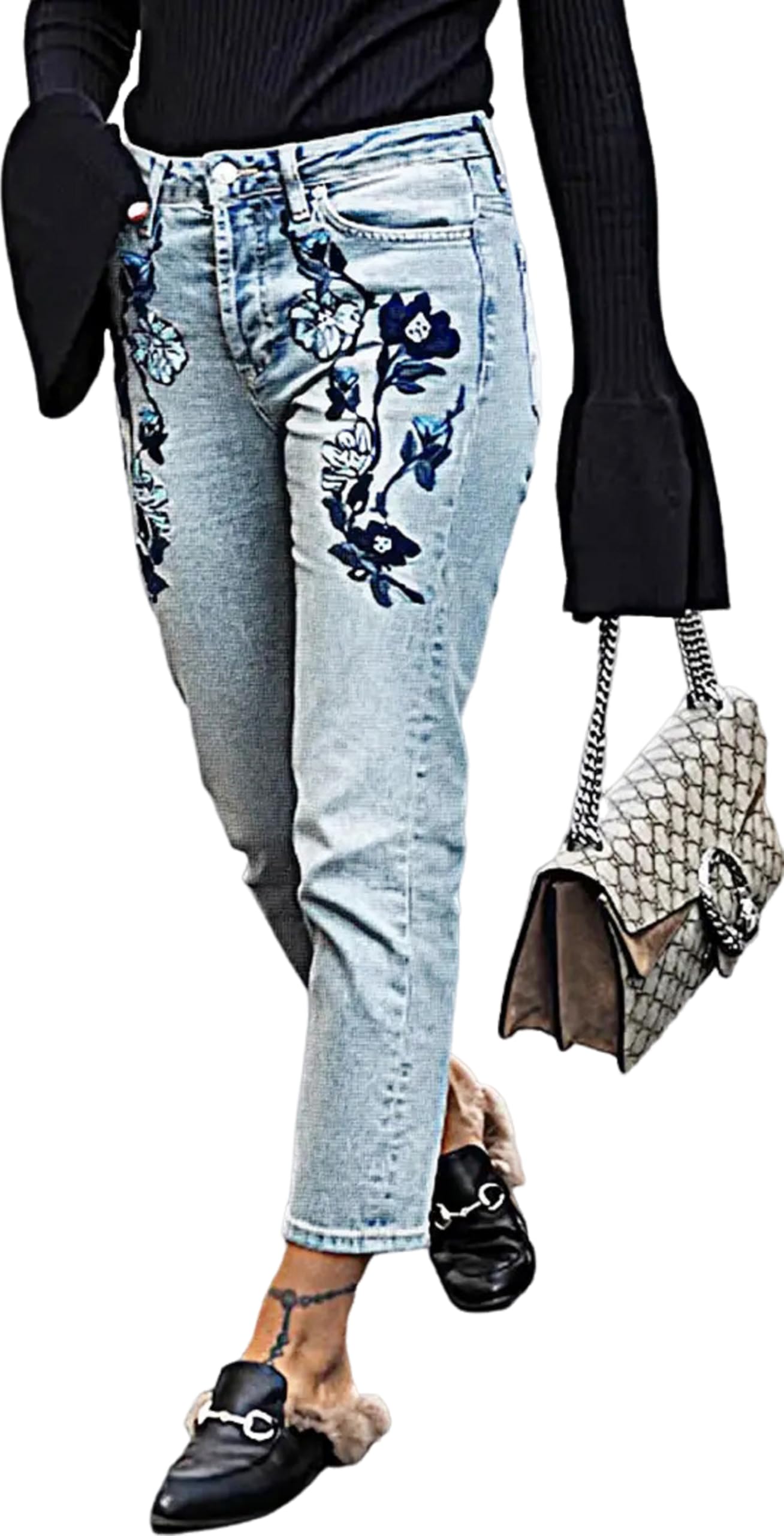 Women's Floral Embroidered Distressed Boyfriend Jeans Denim Pants