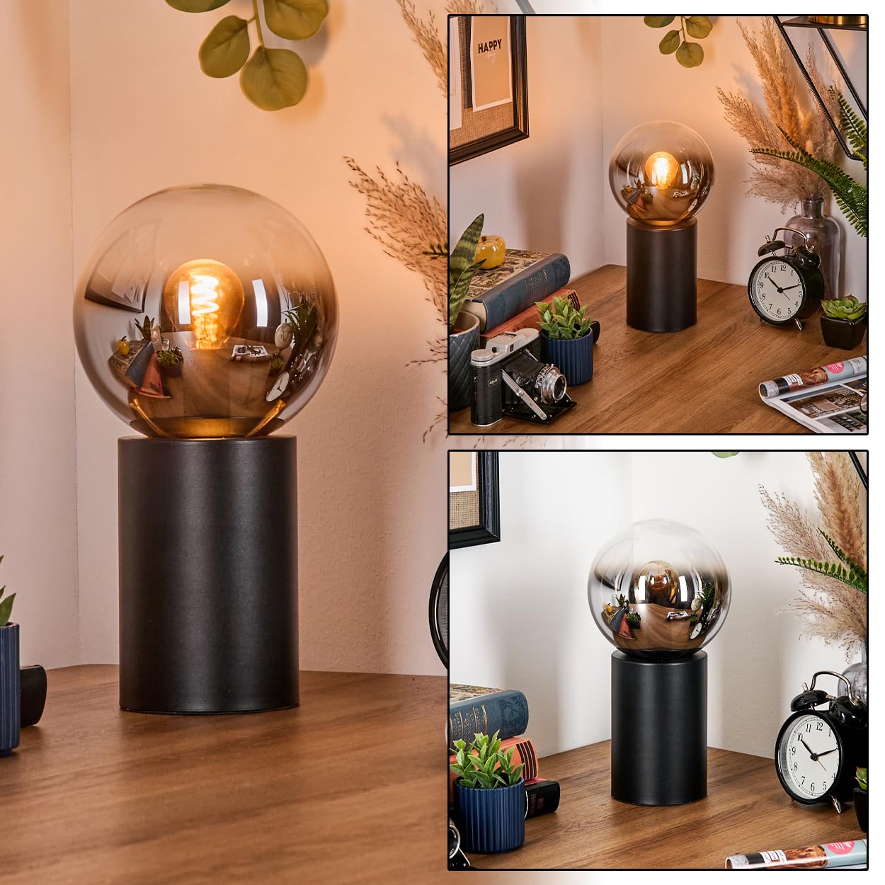 HOFSTEIN Lampe de table Gastor, en métal/verre noir/chrome/fumé/clair, lampe au design rétro/vintage avec abat-jour en verre (Ø 15 cm), E14, salon, chambre à coucher, couloir, bureau, chambre d'enfant