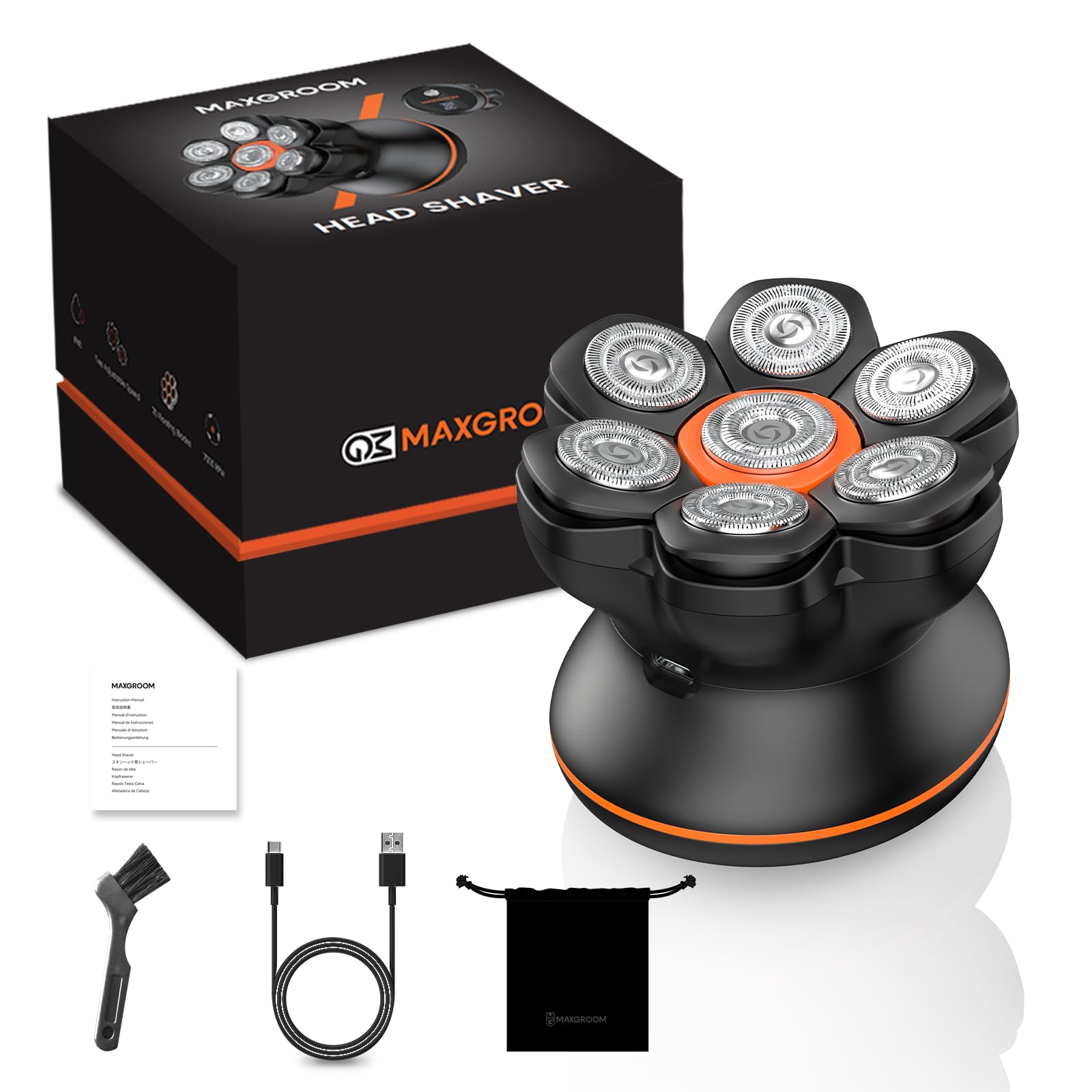 MAXGROOM Glatzen Rasierer Herren, 7D Flexibler Glatzenrasierer, Wasserdichter Kopfrasierer Glatze mit Magnetische Kopf, Lange Batterielebensdauer, Leicht zu Reinigen Head Shaver,Rotationsrasierer