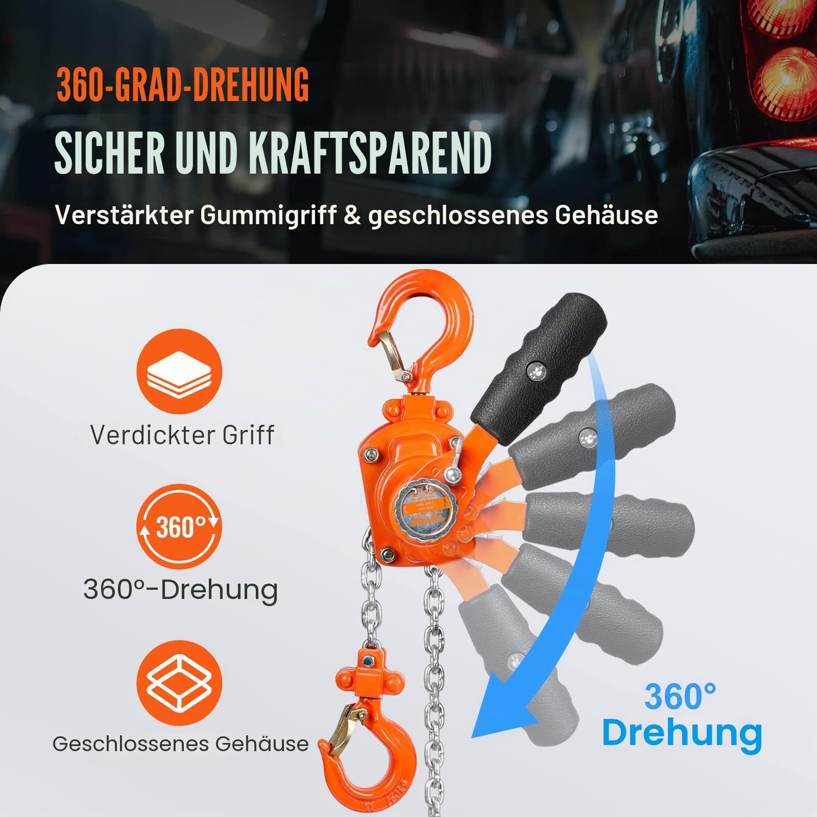 VEVOR Mini Hebelzug 0,25T Tragfähigkeit Kettenzug 260N Zugkraft Flaschenzug 2,80m Hubhöhe Ratschenzug Hebezug aus Stahl G80-Kette Weston Doppelklinkenbremse 360° drehbarer Haken Handkettenzug