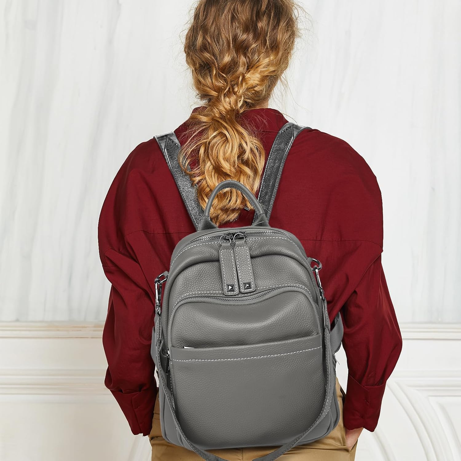 BOYATU Genuine Leather Backpack Purse for Women: Anti Theft Convertible Soft Backpacks - Elegant Womens Travel Backpack (04 Medium-Noble Grey) - Image 2