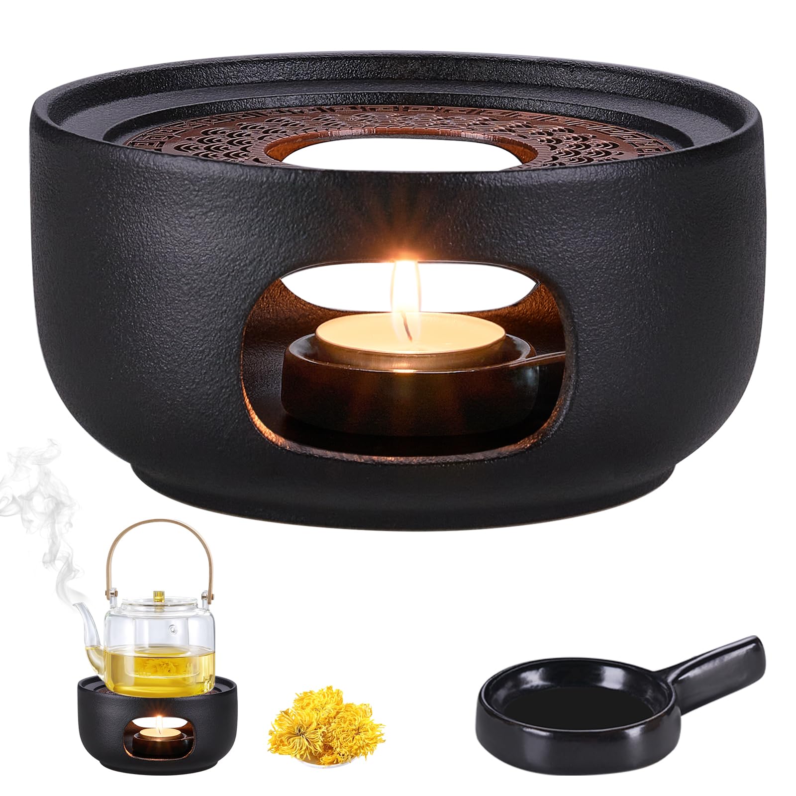 Stövchen für Teekanne Keramik, Teewärmer mit Teelichthalter, Porzellan Teekannenwärmer, Kaffeewärmer Teestövchen für Tee, Kaffee und Milch - Schwarz (Ohne Kerze)