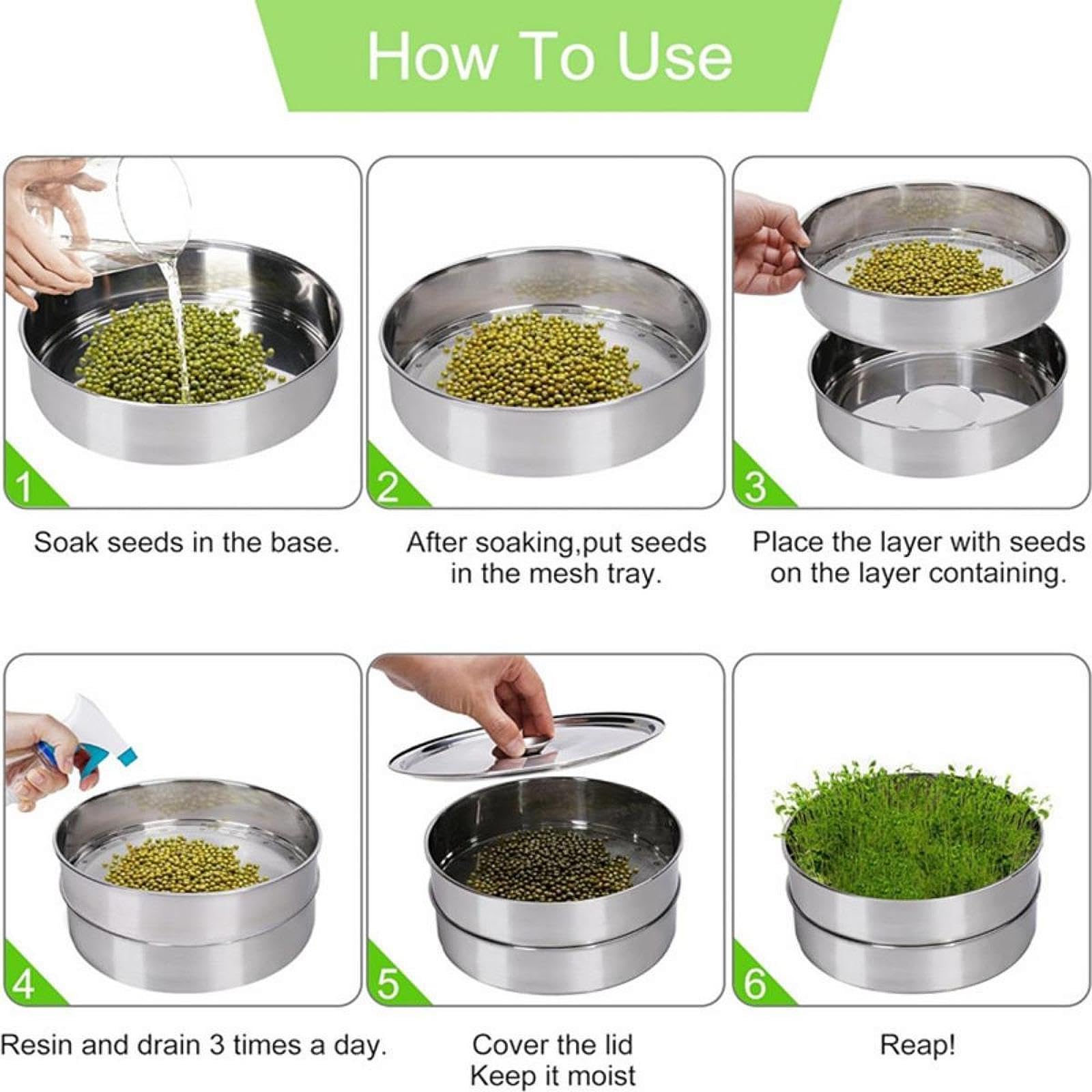 2 Bandejas para Germinar Semillas de Acero Inoxidable, Kit de Germinación de Malla, Recipiente Redondo para Germinación, Bandeja Apilable Adecuada Par, 1 Juego de Placas de Malla