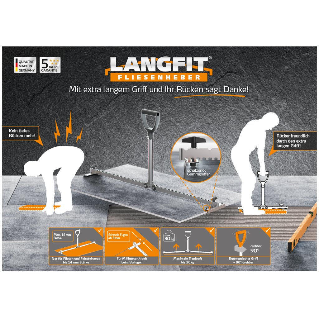 LANGFIT® Fliesenheber - Rückenfreundlich durch extra langen Griff - 30 bis 62cm - Für schmale Fugen ab 3mm - Schonend für Rücken und Hüfte - Made in Germany - MS-FH2062L