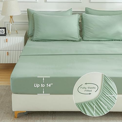 Miniatura 5 de Andency Juego de edredón de tamaño matrimonial, color verde salvia, 7 piezas, ropa de cama bohemia con borlas en una bolsa, juego de ropa de cama