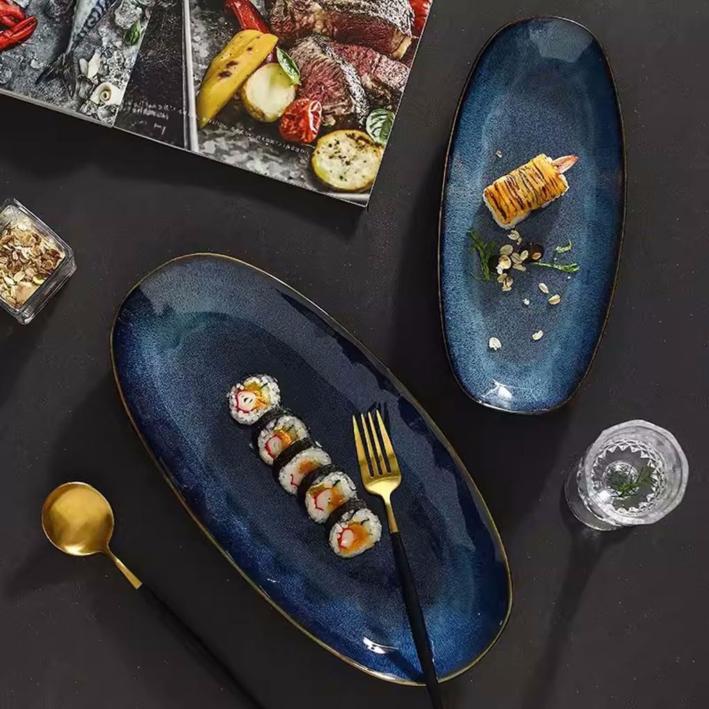 Bandeja de Cena Plato de pescado ovalado de cerámica, plato de sushi japonés, plato de pescado al vapor for el hogar, vajilla, plato de cena torneado en horno, plato de pescado grande creativo Plato d
