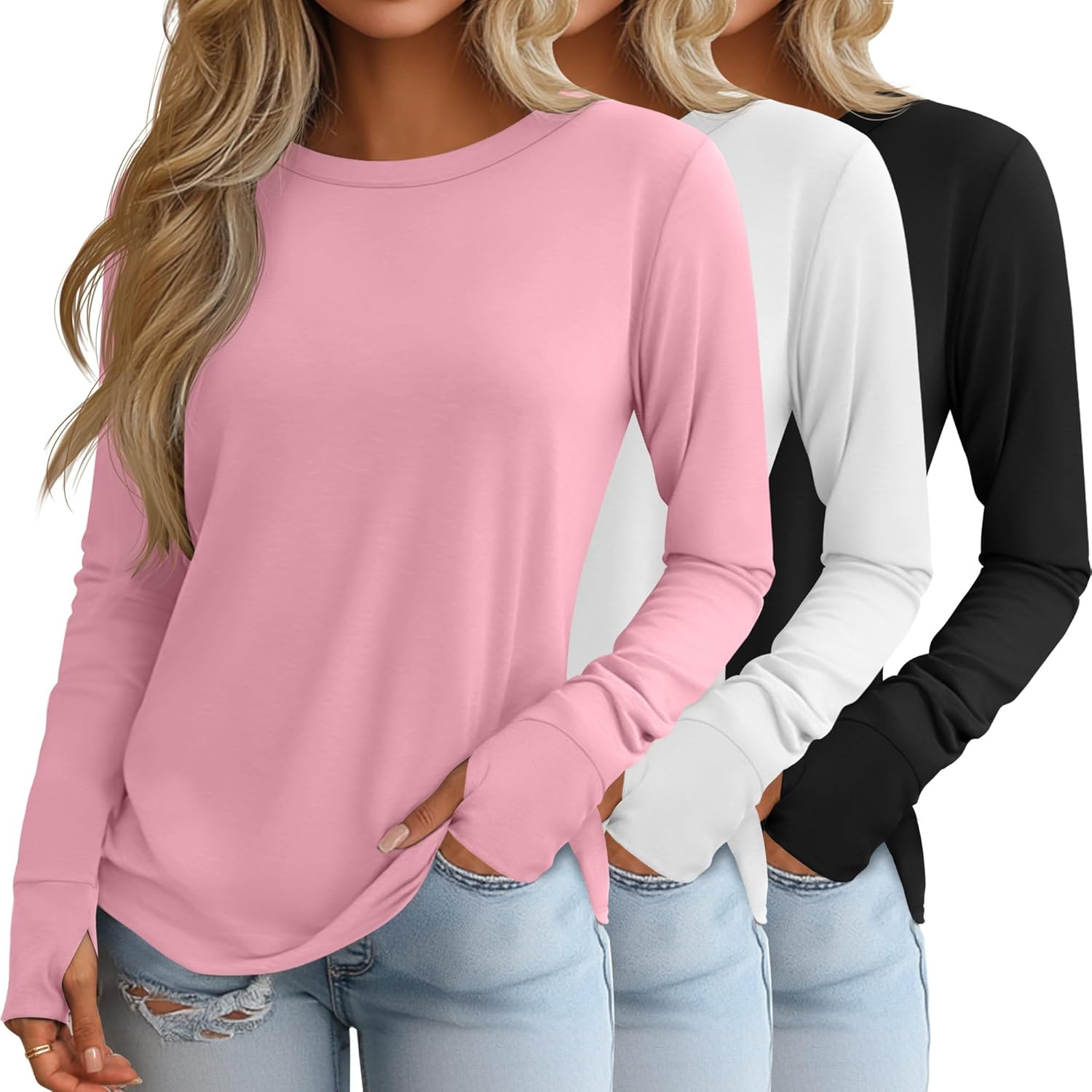 Huukeay 3 Pack Women's Long Sleeve Shirts with Thumb Holes, Cotton Casual Crew Neck Tunic Tops Fall Loose Y2k Trendy Outfits