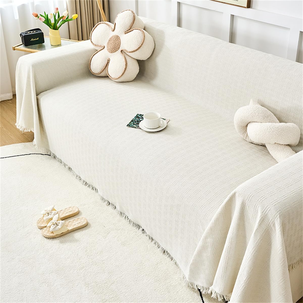 Manta Sofa Grandes para Cama Plaid Sofa 1 2 3 4 Plazas Colores Sólidos Sofa Plaid Cama Reversibles Sofá Asiento Cama Doble (Beige,180x260cm)