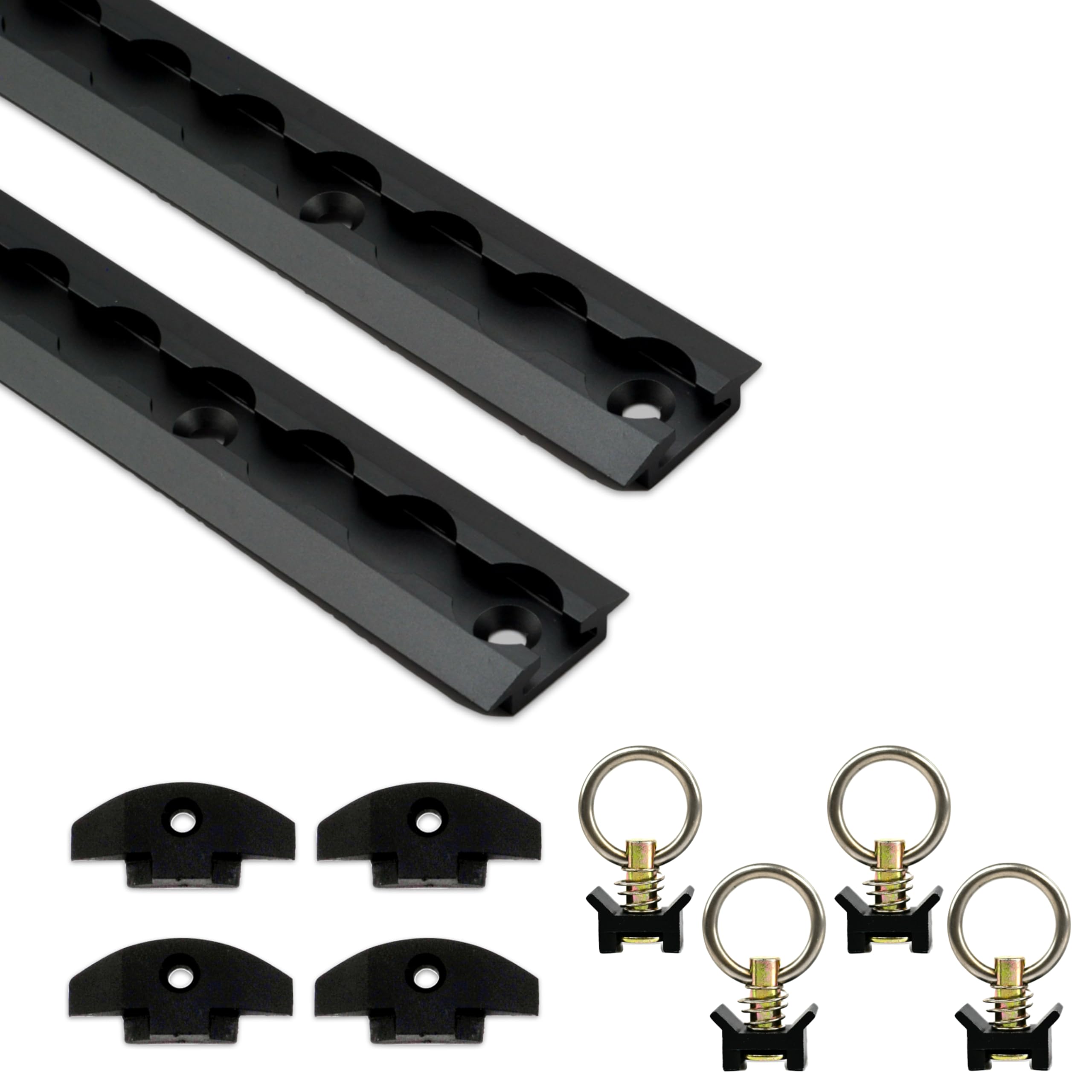 VanEssential48" Venture L-Track Tie Down System, Includes (2 Units) 4 Foot Black Anodized L-Track (Recessed Shallow Profile), 4 Black Adjustable Tie Down Rings, 4 End Caps (Recessed Shallow Profile)