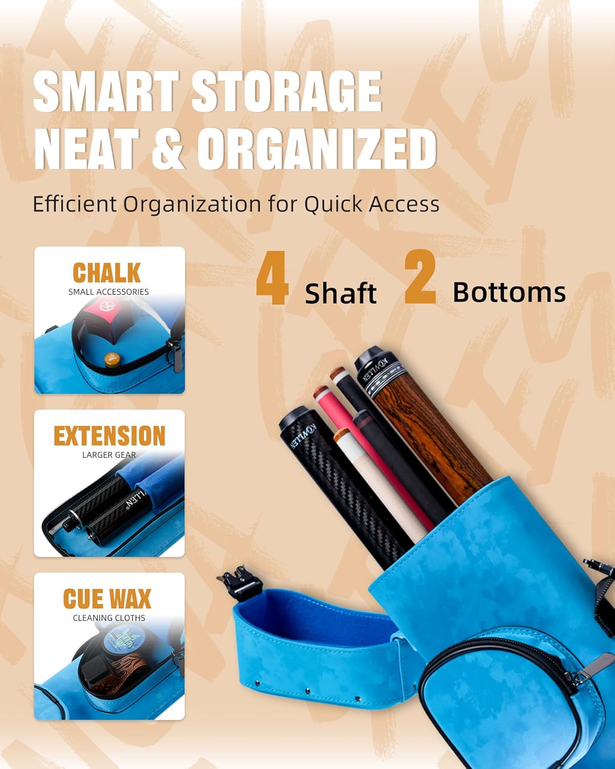 KONLLEN Pool Cue Case 2x4 Hard Pool Stick Case with Multi-pocket Holds 2 Butts 4 Shafts Billiards Cue Bag with Adjustable Shoulder Straps for Adults