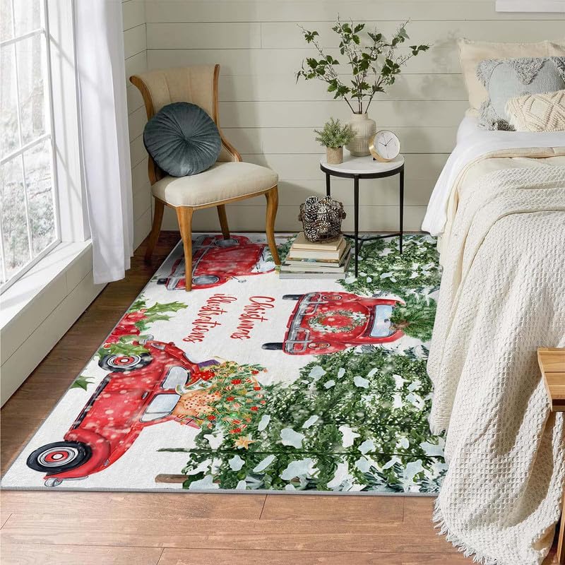 Miniatura 4 de Alfombra de área pequeña de Navidad de 3 x 5, lavable, alfombra de entrada con estampado de árbol de Navidad, alfombra suave antideslizante para