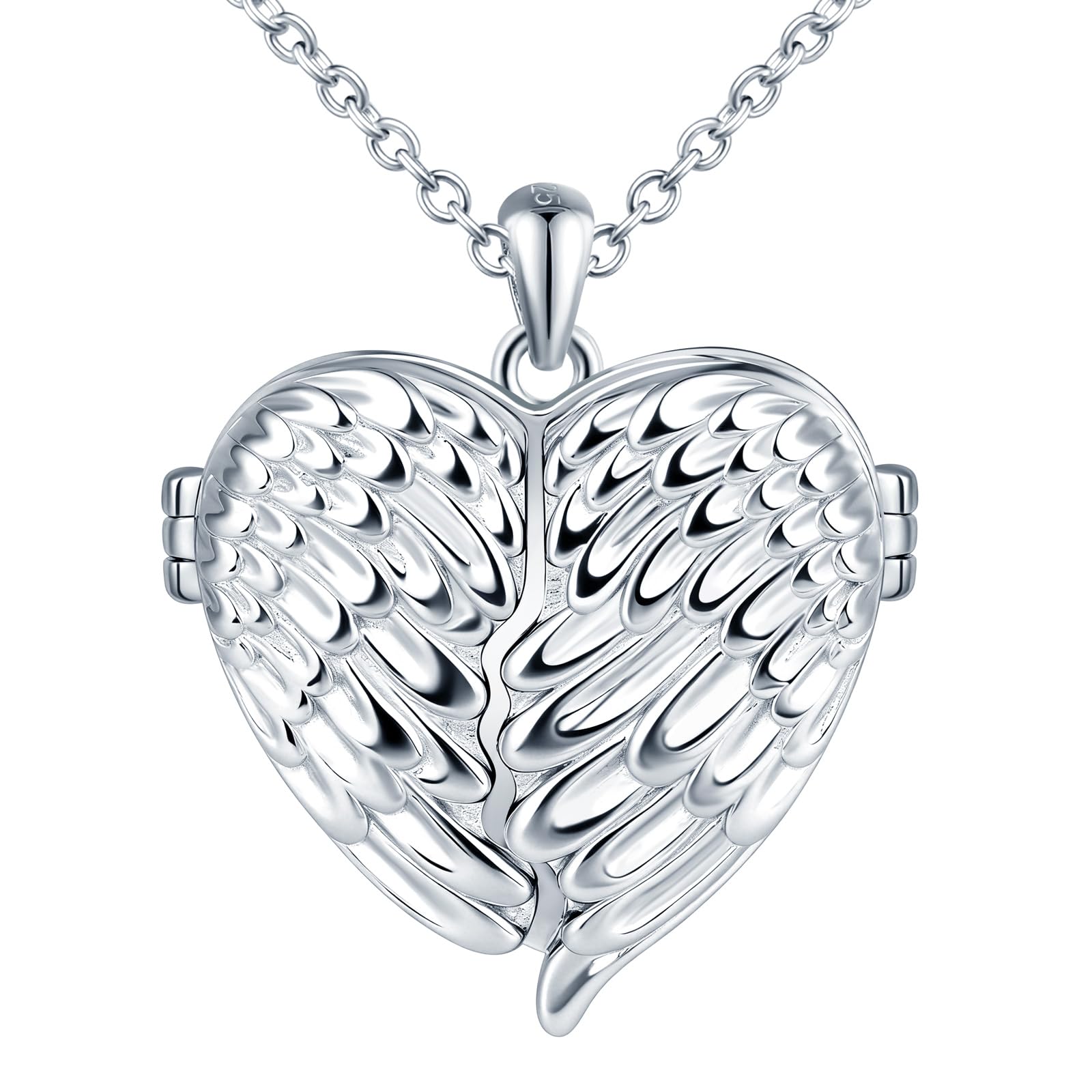 Damen 925 Silber Herz Halskette Medaillon, Engelsflügel Foto Anhänger Ketten, Persönlicher Schmuck für Frauen Mutter Freundin