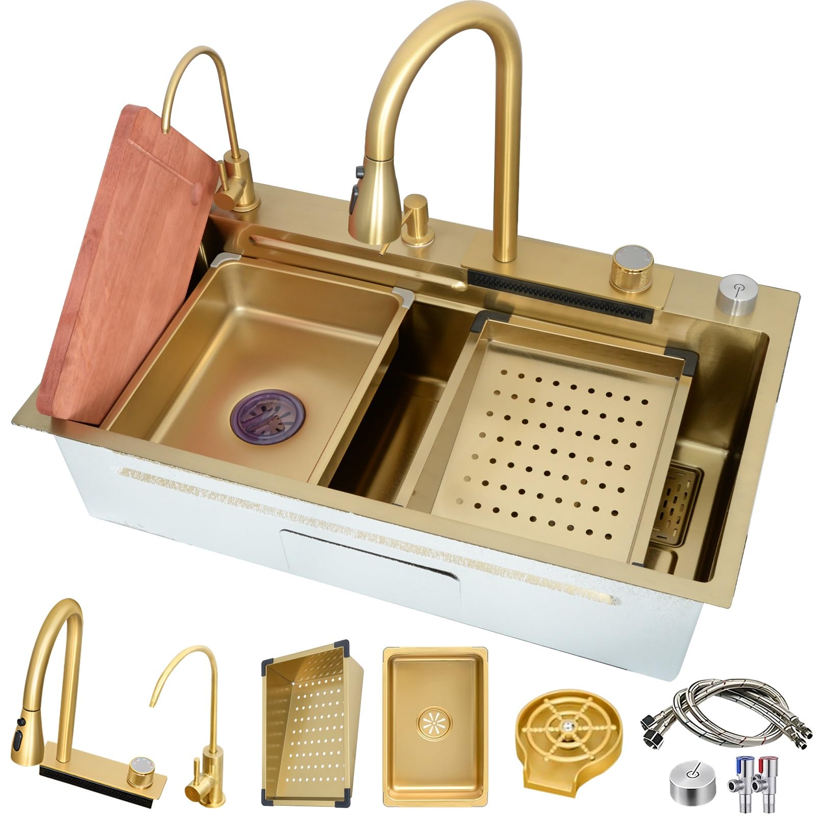 ZQFHSX 75cm Stainless Steel Single Bowl Sink, Waterfall-Style Nano Kitchen Drop in Large Capacity Workstation Sink with Multi-Functional Accessories(B,75x45x22cm)