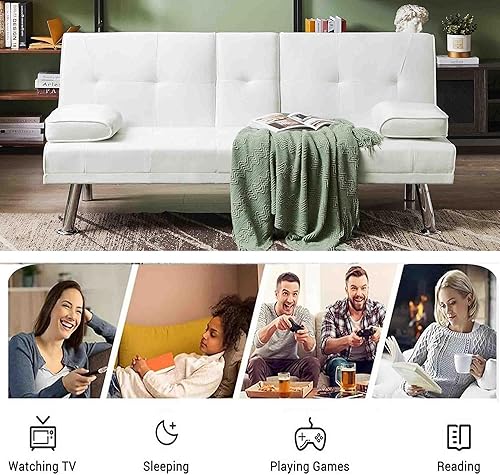 Miniatura 6 de Mdhitsox Moderno sofá cama futón de terciopelo con 2 portavasos, sofá cama convertible con 3 respaldos ajustables y patas de metal, sofá biplaza