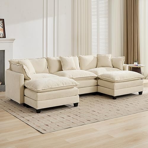 Miniatura 4 de Sofá seccional modular beige de 111.5", sofás seccionales grandes de 3 plazas para sala de estar, tela de chenilla marfil blanquecino, sofá nube de