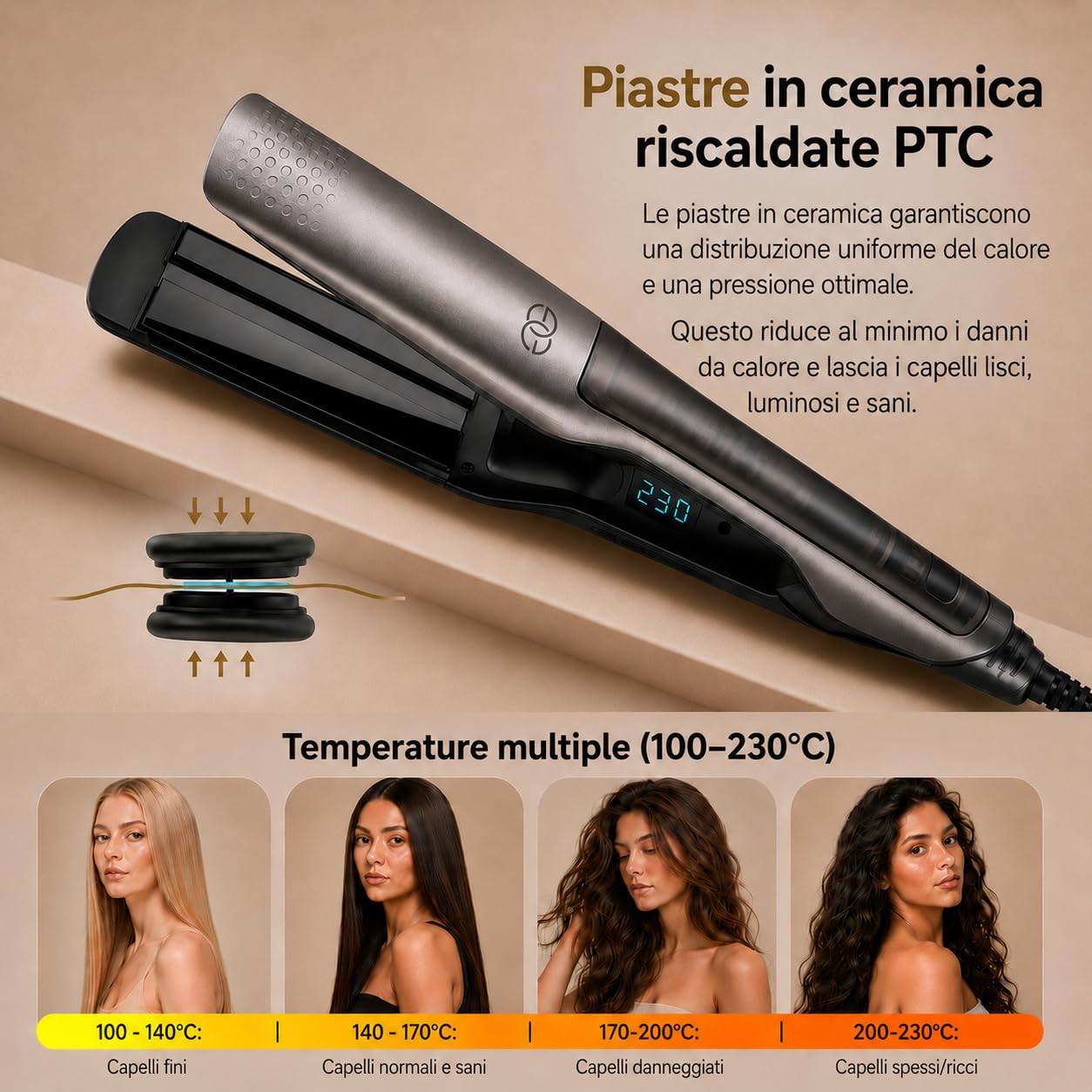 Piastra per Capelli a Vapore, Golden Goods Steampod Platinum Edition per capelli lisci e ricci, Piastra capelli Professionale 2 in 1 Steampod, Vapore potente, 10 temperature a 230 Gradi