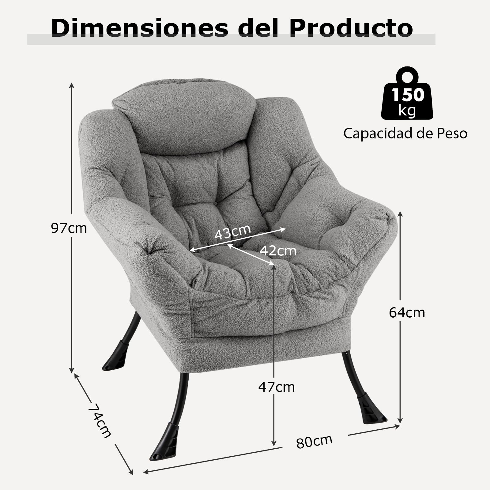 GIANTEX Sillón de Lectura Moderno con Estructura Metálica, 80 x 74 x 97 cm, Silla de Sofá Tapizado de Vellón Falso, Sillón Individual con Reposabrazos y Bolsillo Lateral, para Salón, Oficina (Gris)