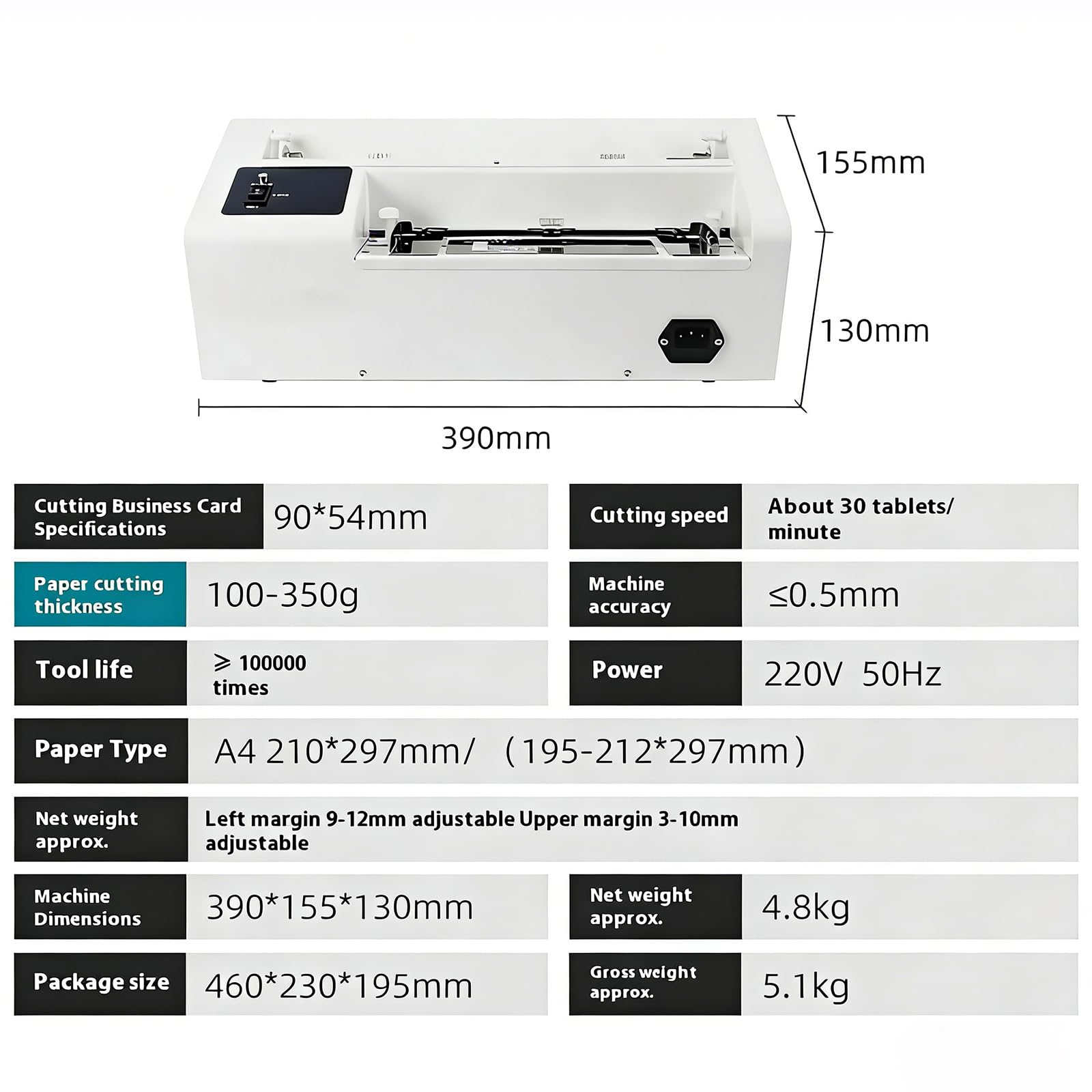 Macchina elettrica per Il Taglio di Biglietti da Visita, Formato A4 e 90x54 mm, taglierina Automatica con margini Regolabili da 9 a 12 mm, 30 Biglietti al Minuto