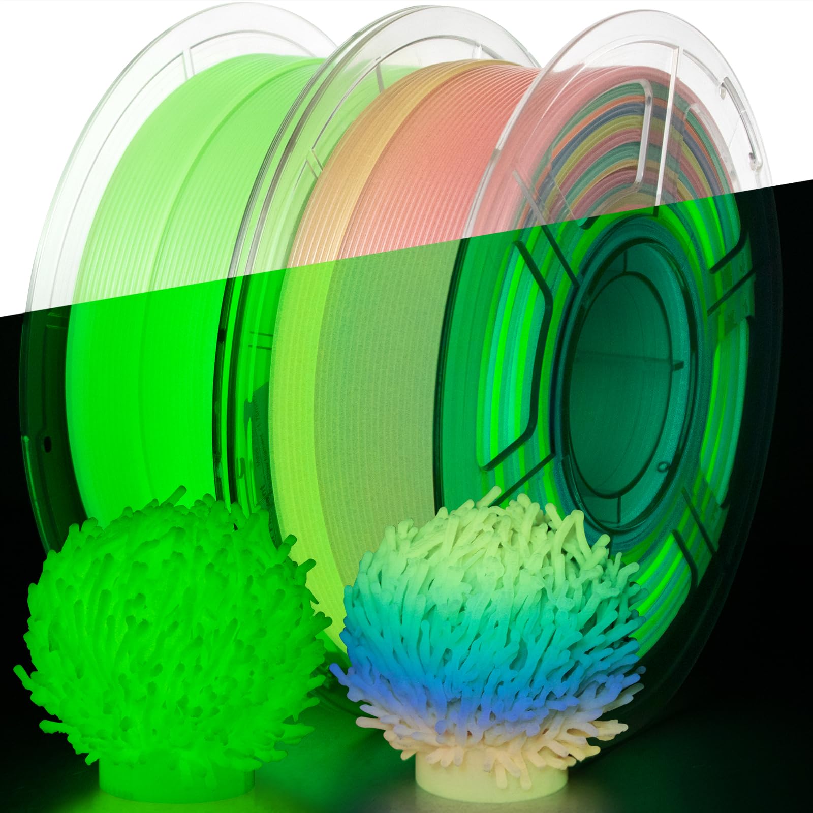 IEMAI Świecący filament PETG 1,75 mm, 2 kg, tęczowy/zielony, Glow in The Dark PETG filament do drukarki 3D, dokładność pomiaru +/- 0,02 mm