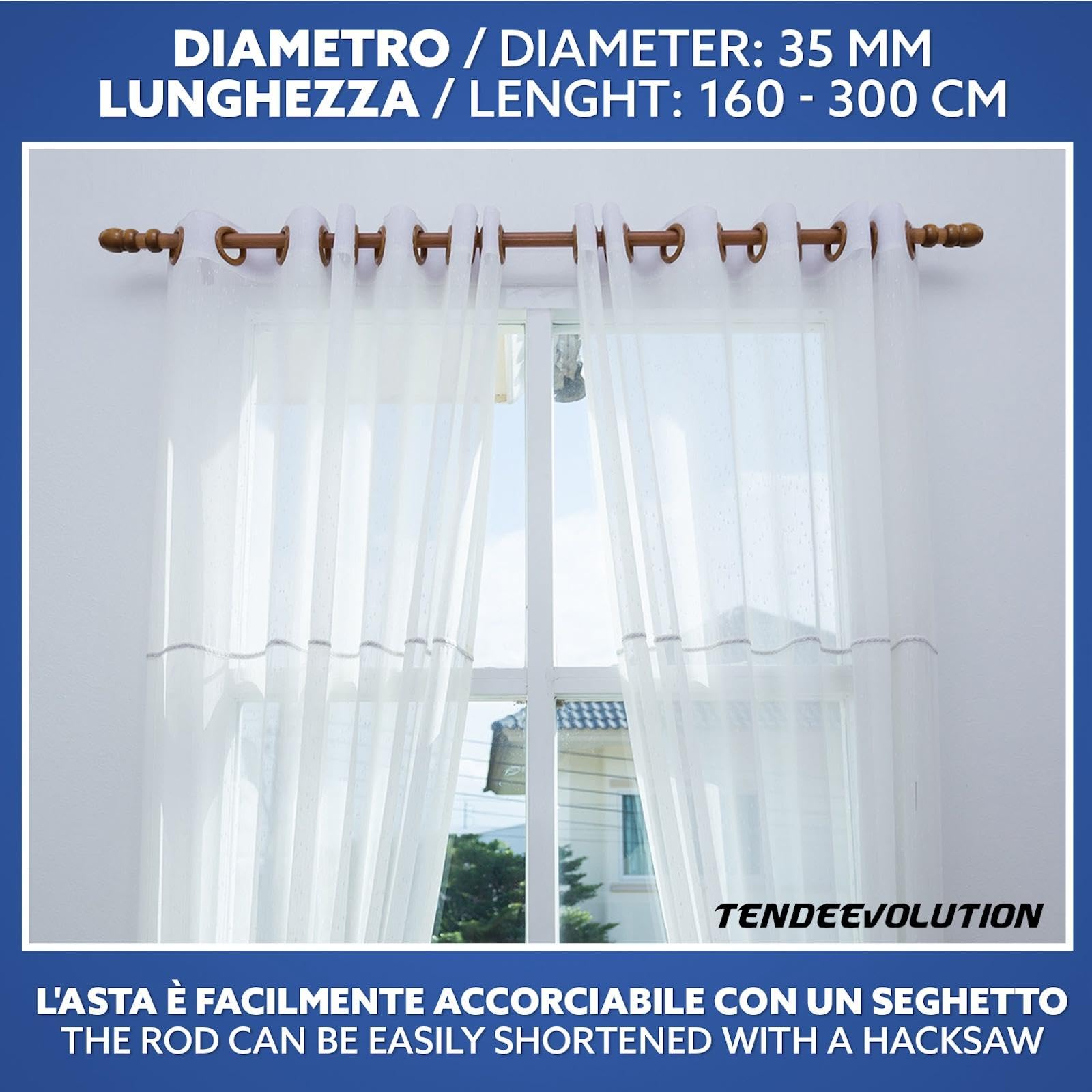 TENDEEVOLUTION Tringle Rideau Bois avec Accessoires, Diamètre 35mm, avec Support Tringle Rideaux Bois inclus. Barre De Rideau Naturel (Orme, 160 CM Avec Corde)