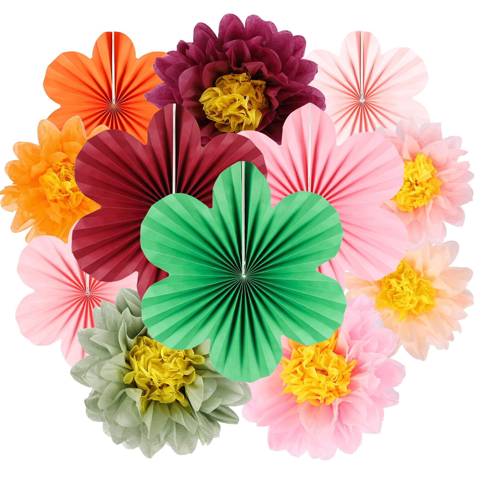 BestoFun 12er Set Papier Blumenfächer & Papierblumen Pompons Rot und Grün Hängende Girlande Dekoration für Hochzeit Geburtstagsfeier Gartenparty Tischdeko
