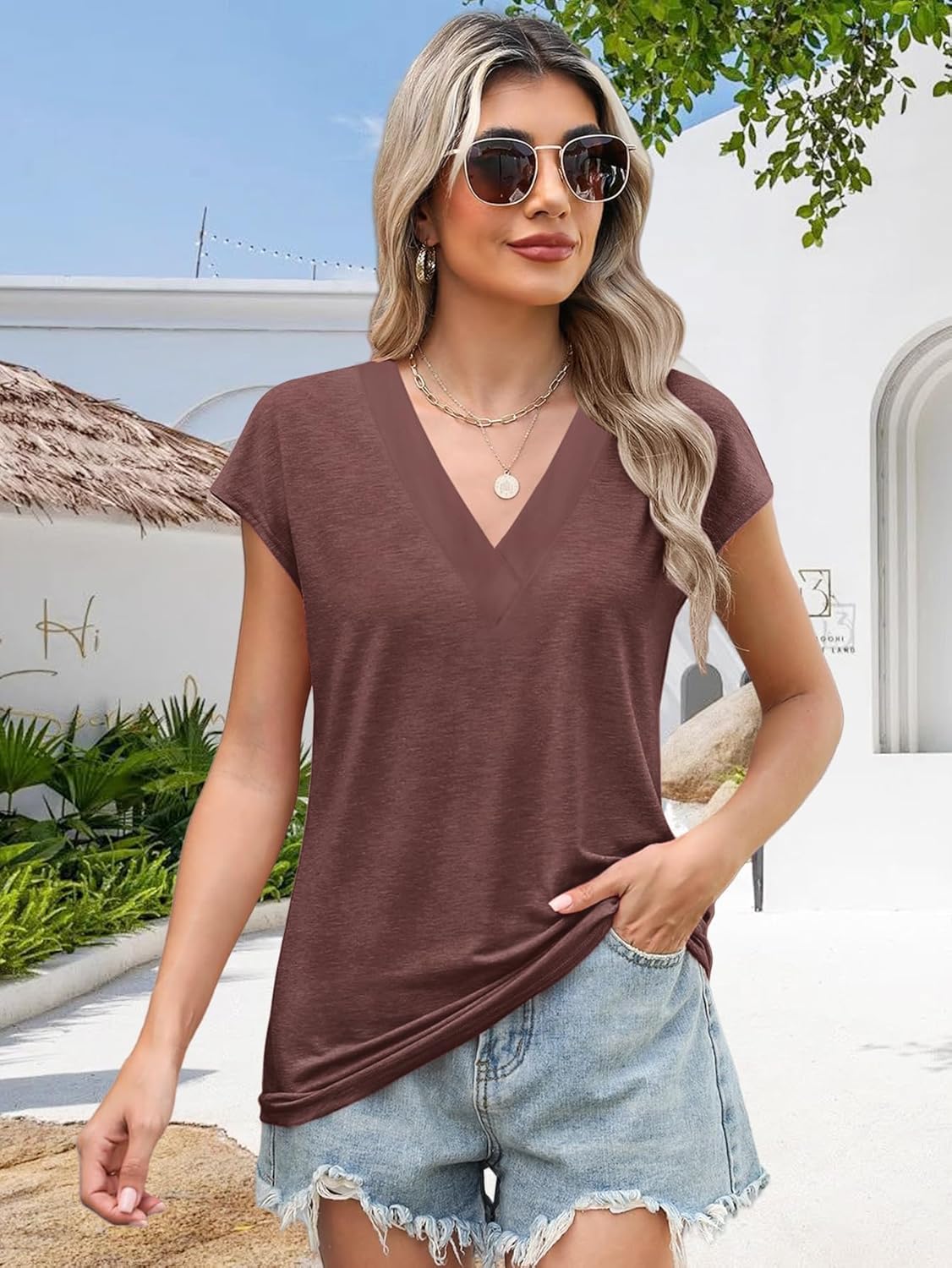 Womens Summer Tops Casual Spring V Neck T Shirts Cap Sleeve Basic Trendy Blouses Beach Vacation Clothes Fashion Outfits 2026 - Image 5