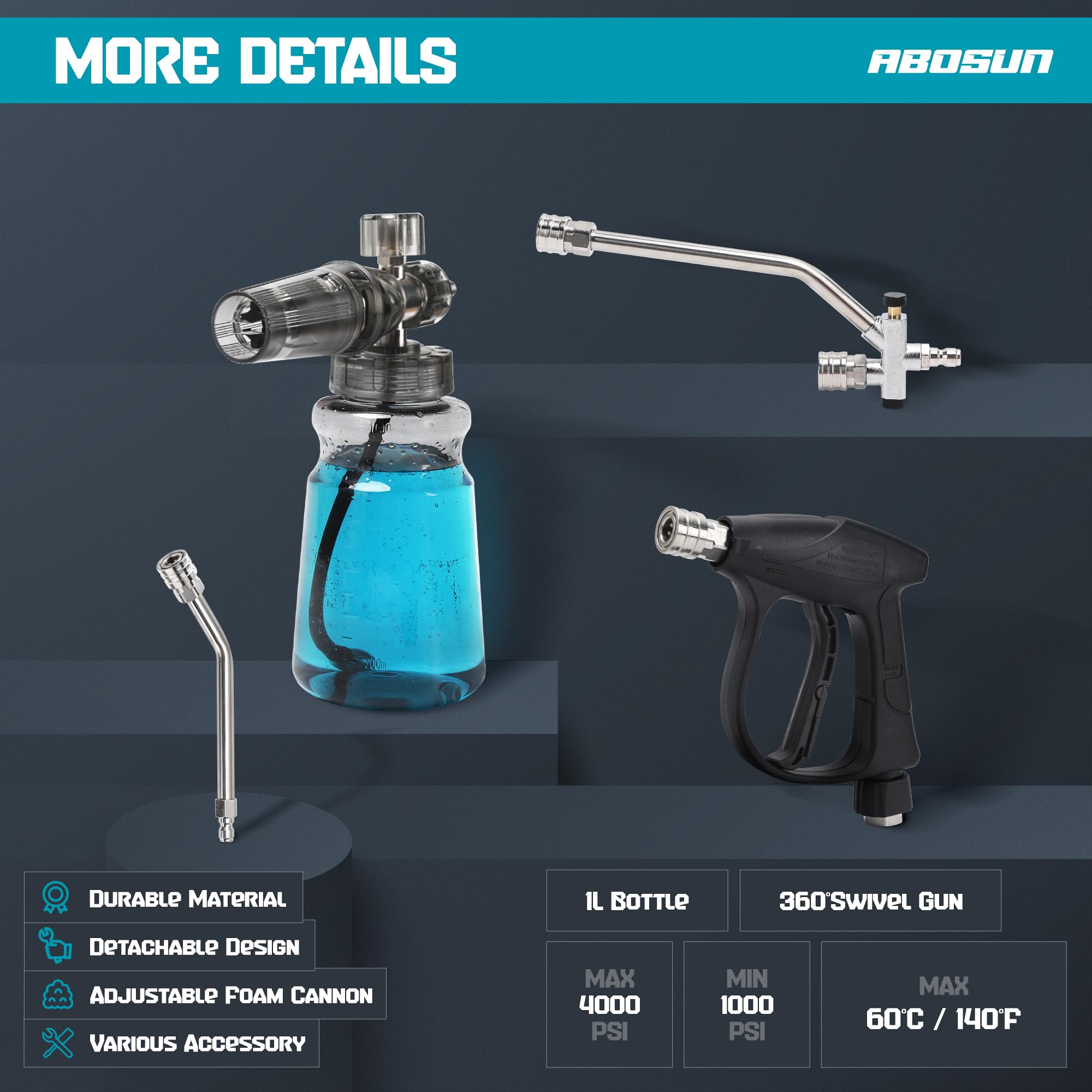 Kit de cañón de espuma para lavadora a presión, pistola de espuma de nieve de doble conector con pistola de pulverización, 5 puntas de boquilla, varillas curvadas, conexión rápida giratoria de