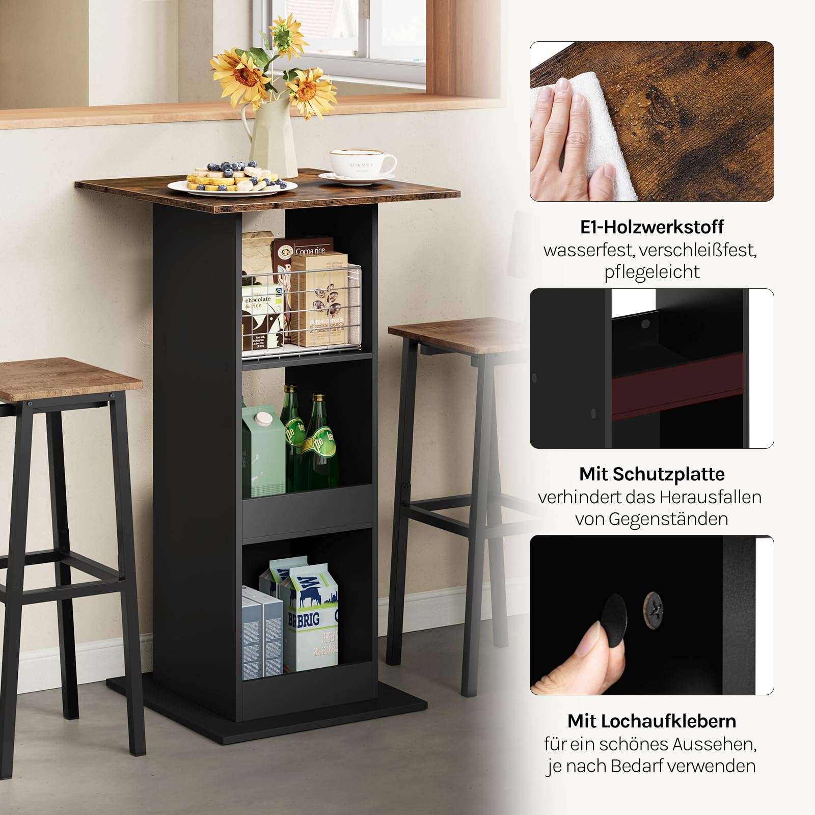 WOLTU Bartisch Bistrotisch Stehtisch Küchentisch Tresentisch Thekentisch, eckiger Tisch mit 3 Regalfächern, für Bar Küche Wohnzimmer, aus Holzwerkstoff, Tischhöhe 109 cm, Schwarz + Rustikales Braun
