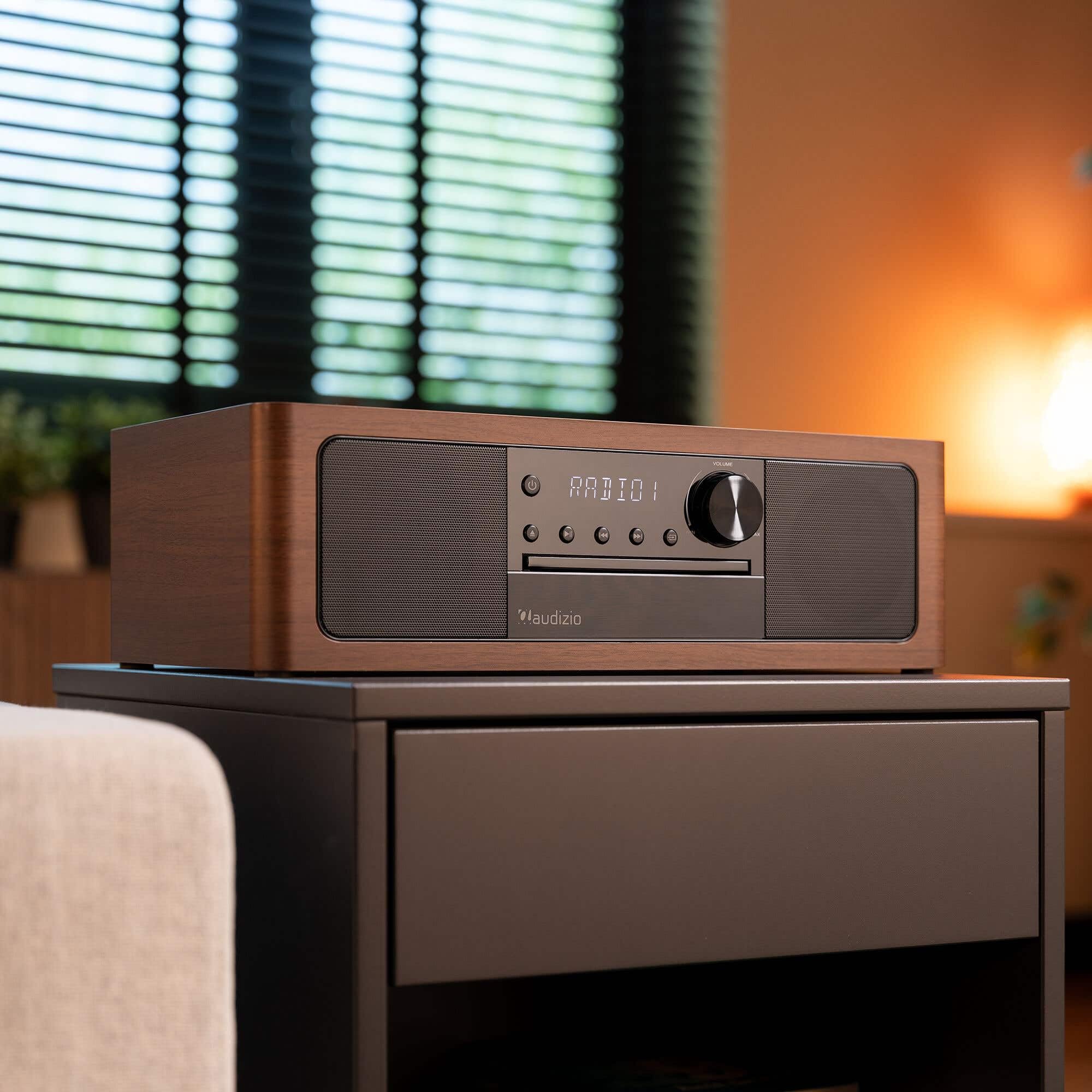 Audizio Lunata – Radio Dab+ y FM con Reproductor de CD, Bluetooth 5.3 y Potencia de 100W, Sistema Multimedia con HDMI ARC, USB y Altavoces estéreo, Acabado en Madera Oscura