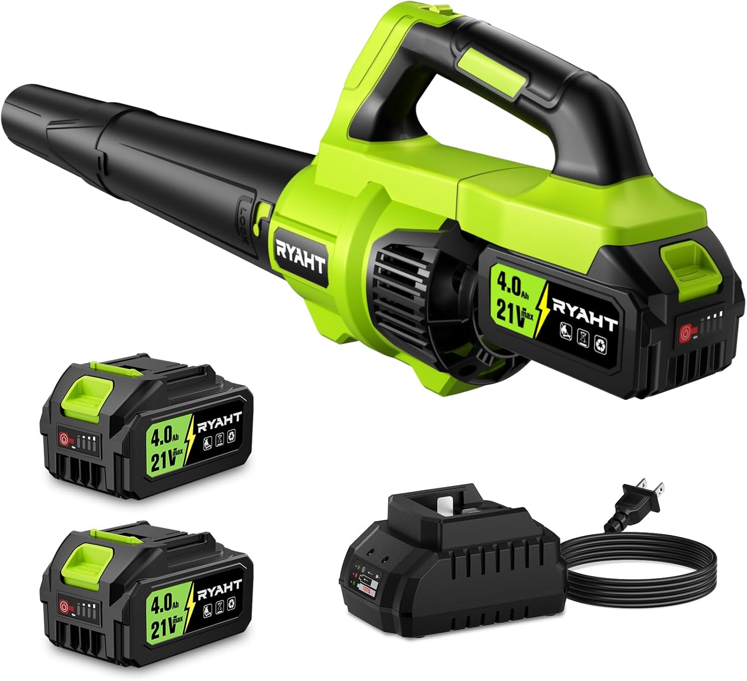 21V Powerful Electric Leaf Blower with 2 X 4.0Ah Batteries and Charger, 2 Speed Modes, Handheld Lightweight Leaf Blowers for Lawn Care, Patio, Dust, Blowing Leaves, Green