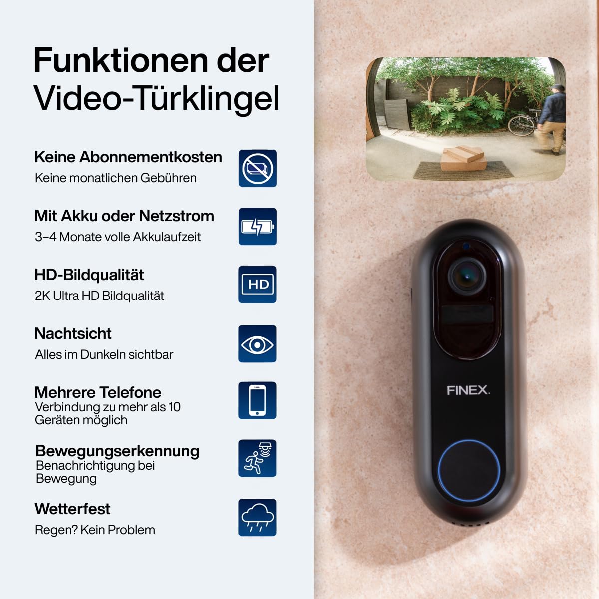 FINEX Video Türklingel, inkl. Innenklingel & Batterien, Tag- & Nachtmodus, Ohne Abonnement, Kabellose Türklingel, T-Ring-Klingelton, Video-Türklingel mit Kamera (V2)