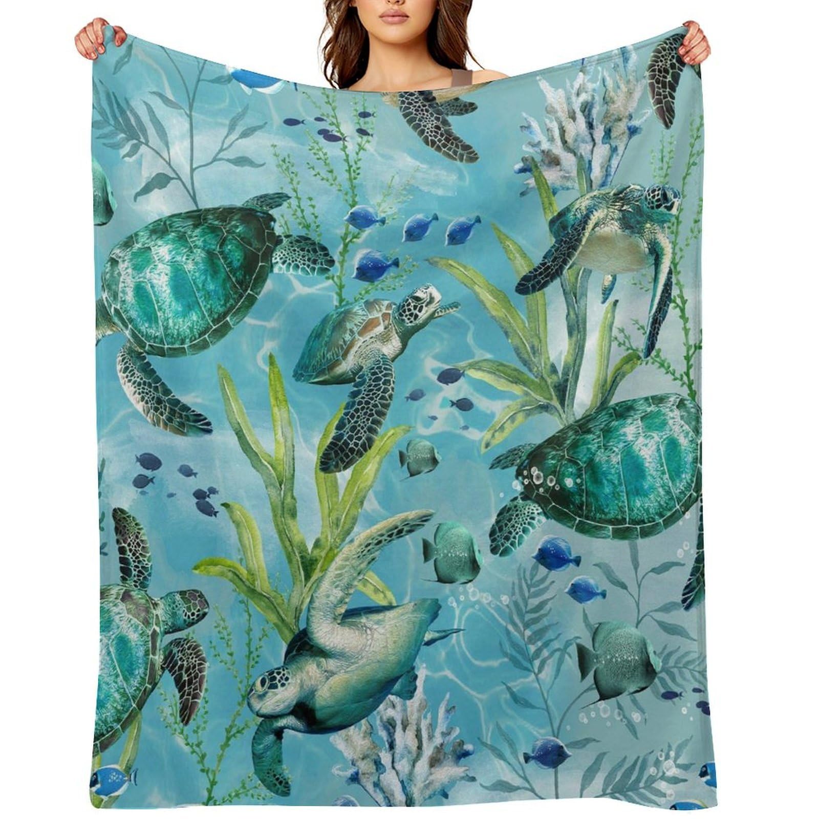 Sea Turtle-Blue Throw Blanket for Couch and Bed Super Soft Warm Lightweight Throw Blankets Cozy Fuzzy Flannel Blanket Personalized Decorative Blankets for Sofa Decor 40"x50"
