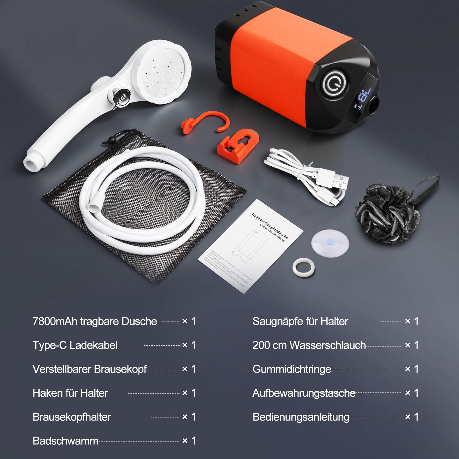 B013 Portable Camping Dusche mit 7800mAh Akku, USB-C, 3-Stufen Duschkopf & leiser Pumpe – Wasserdicht mit LED Temperaturanzeige für Vanlife, Outdoor Reise, Strand & Haustier
