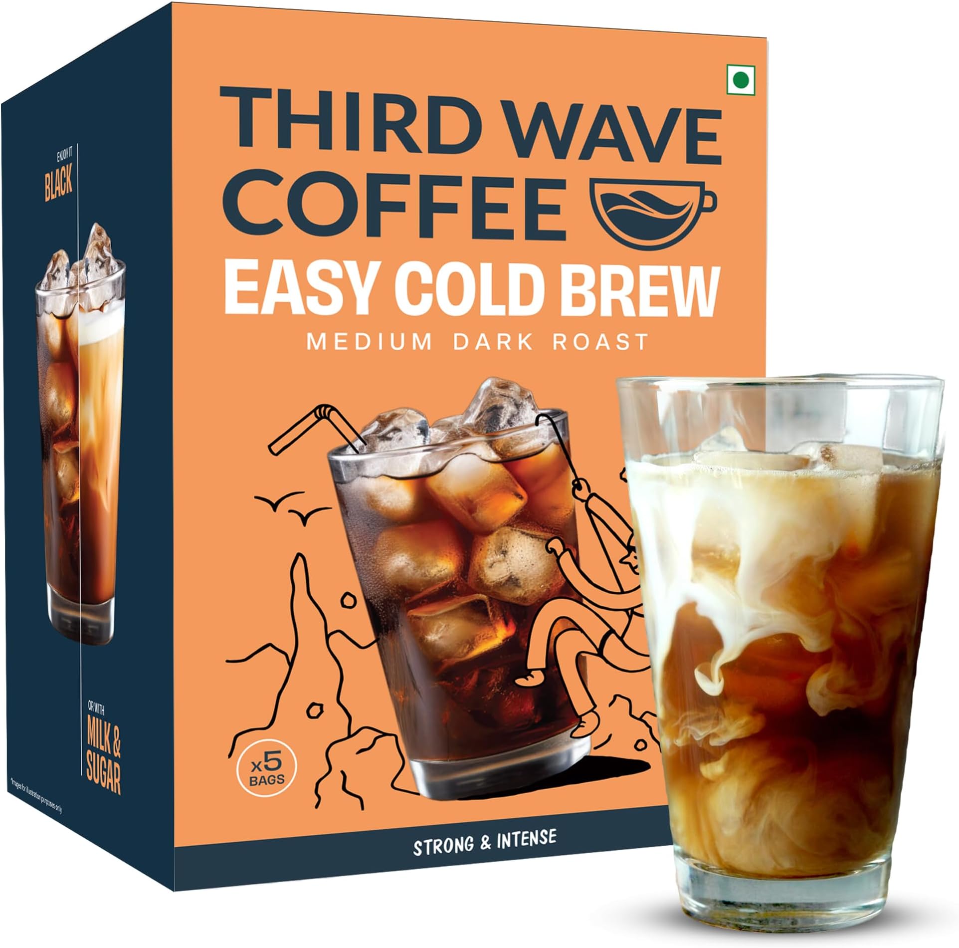 THIRD WAVE COFFEE Easy Cold Brew Coffee Medium Dark Roast 5 Bags Makes 15 Cups Instant Brew No Equipment Needed Arabica Coffee Sourced Directly From Farms,Pack Of 1 | 250 gram