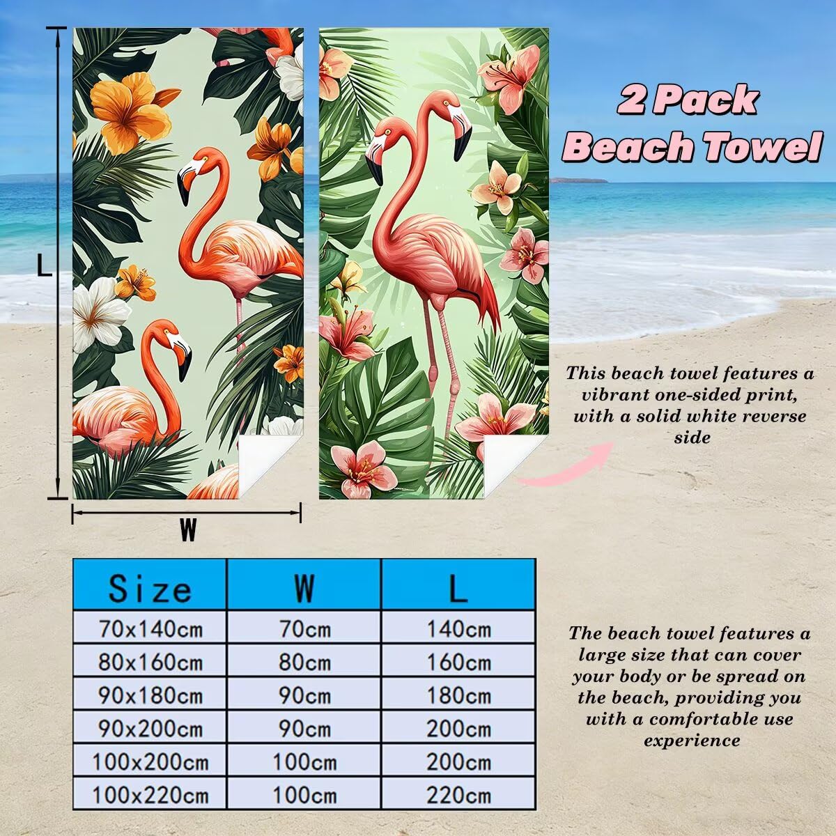 Ręcznik plażowy 100 x 200 cm, 2 szt., szybkoschnący ręcznik z mikrofibry, niezbędne w podróży, bez piasku, z mikrofibry, flamingi, lekkie, bardzo duże ręczniki dla dorosłych do pływania, prezenty dla