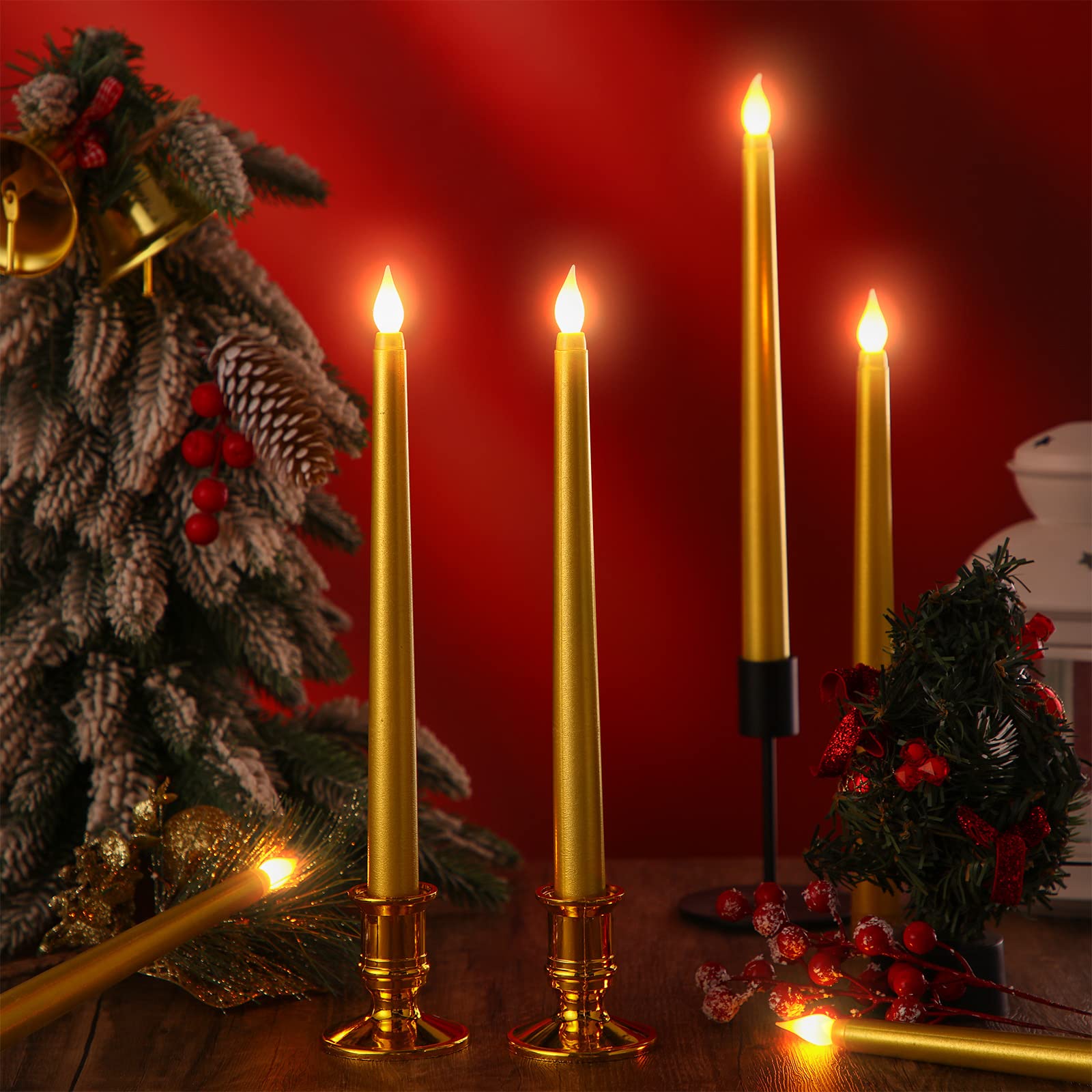 36 Pcs Flameless Taper Candles 11" LED Candles with Remote and Timer Flickering LED Candlesticks with 3D Wick Plastic Tapered Candles Battery Operated LED Window Candles for Home (Gold)