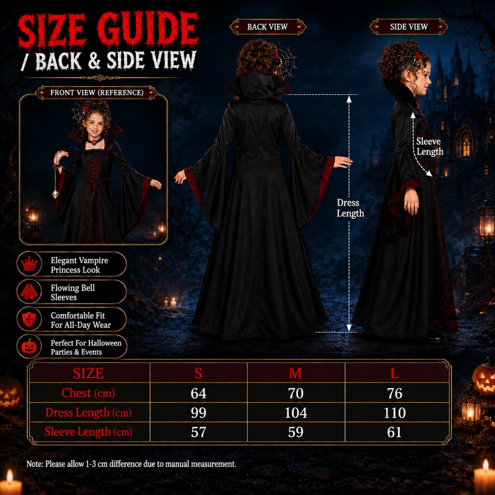 Mädchen Gothic Vampirkostüm Umhang 3-5 5-8 8-12 Gruseliges HalloweenCosplay